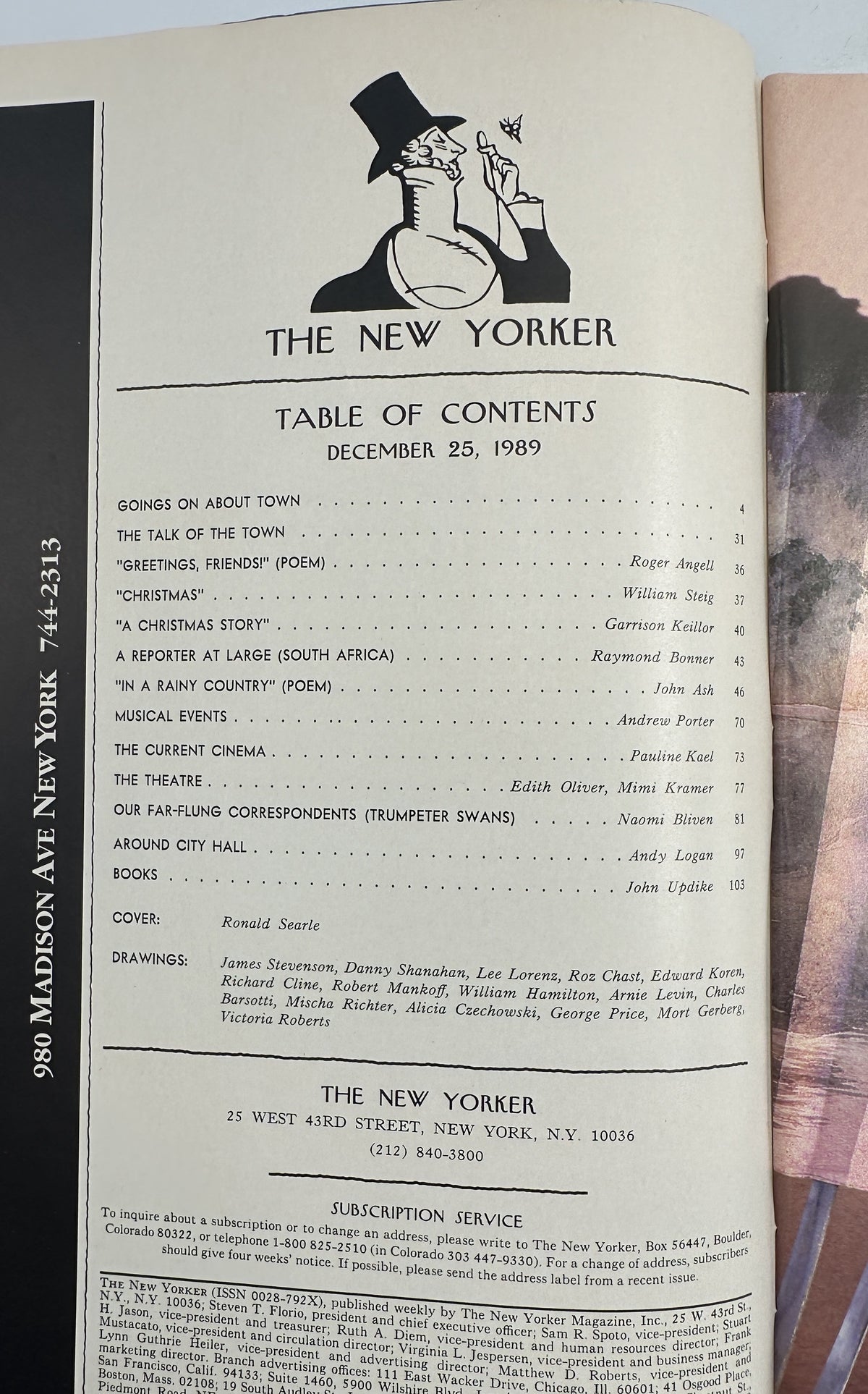 The New Yorker Magazine December 25, 1989 Christmas Tree Gift Bag Ronald Searle Cover, interior table of contents page featuring the magazine masthead and listed articles, poems, reviews, and contributors.