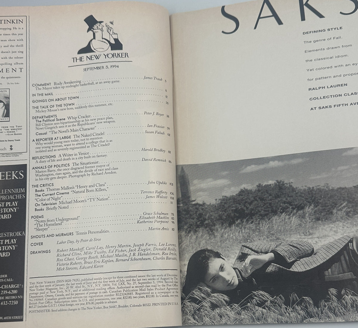 The New Yorker Magazine September 5, 1994 Seagulls Marina Dock Peter de Sève Cover VG, open interior pages showing the table of contents and a Saks Fifth Avenue fashion advertisement with a woman reclining outdoors.
