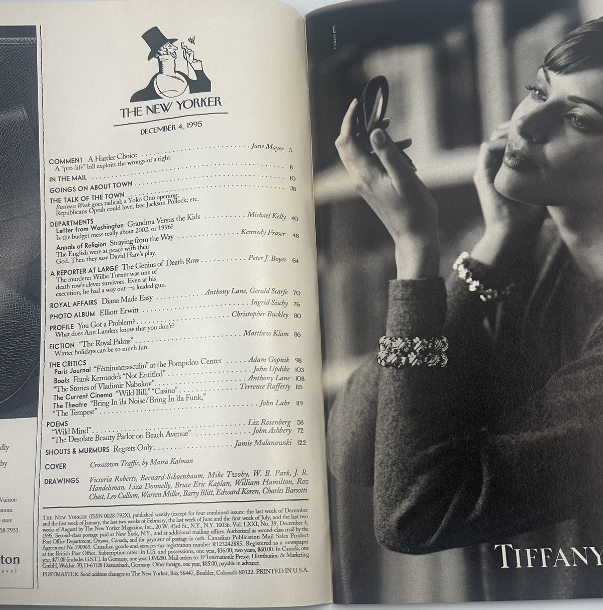 The New Yorker Magazine December 4, 1995 New York Faces Portrait Maira Kalman Cover VG, interior table of contents page beside a black-and-white Tiffany jewelry advertisement.