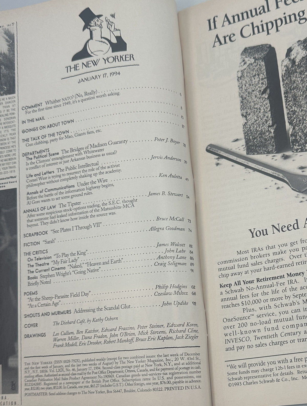 The New Yorker Magazine January 17, 1994 Snowy Sidewalk Cafe Kathy Osborn Cover VG, showing the magazine table of contents page alongside a vintage illustrated advertisement.