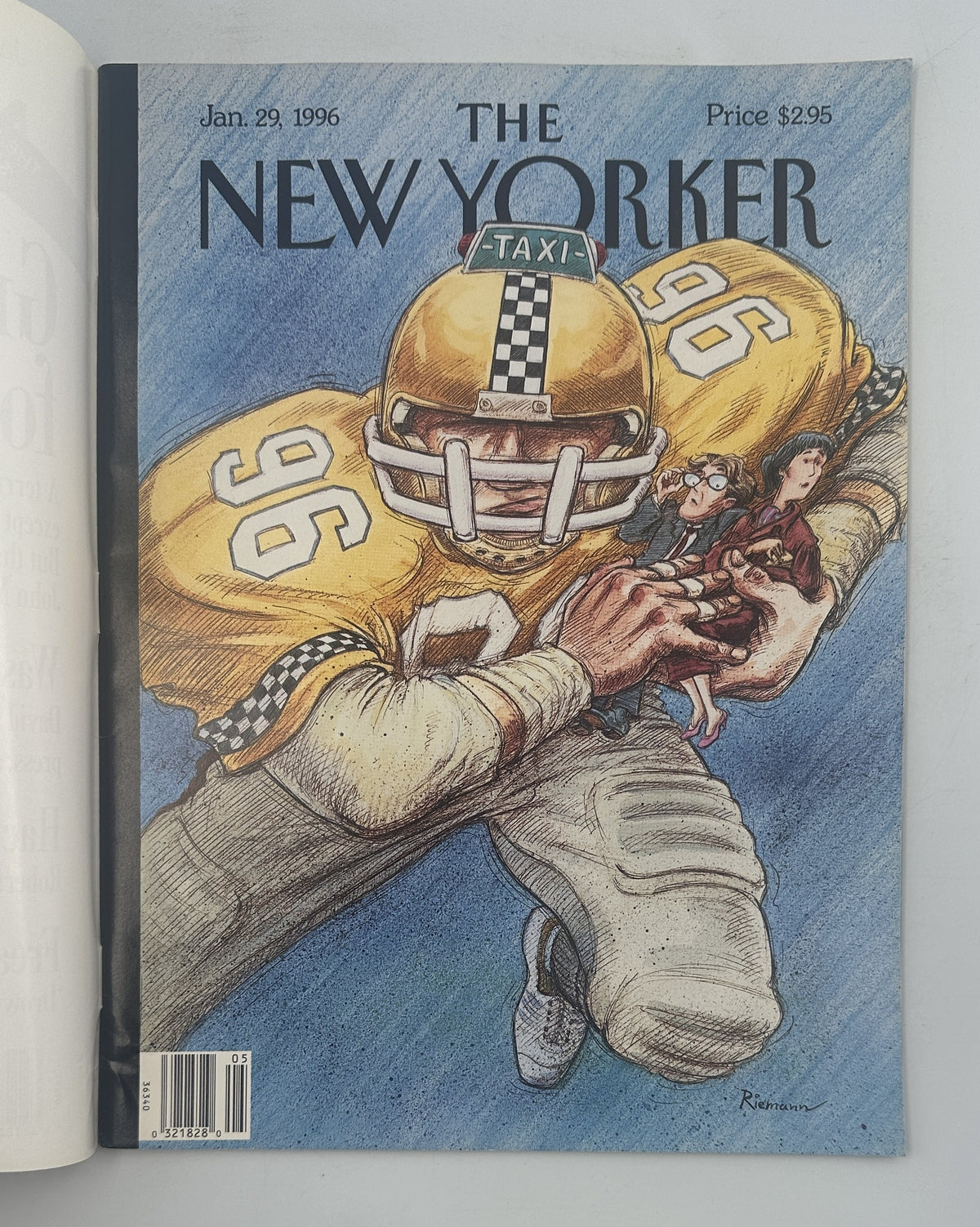 The New Yorker Magazine January 29, 1996 Taxi Football Player George Riemann Cover VG, showing the full George Riemann illustrated cover with a football player wearing a taxi helmet.