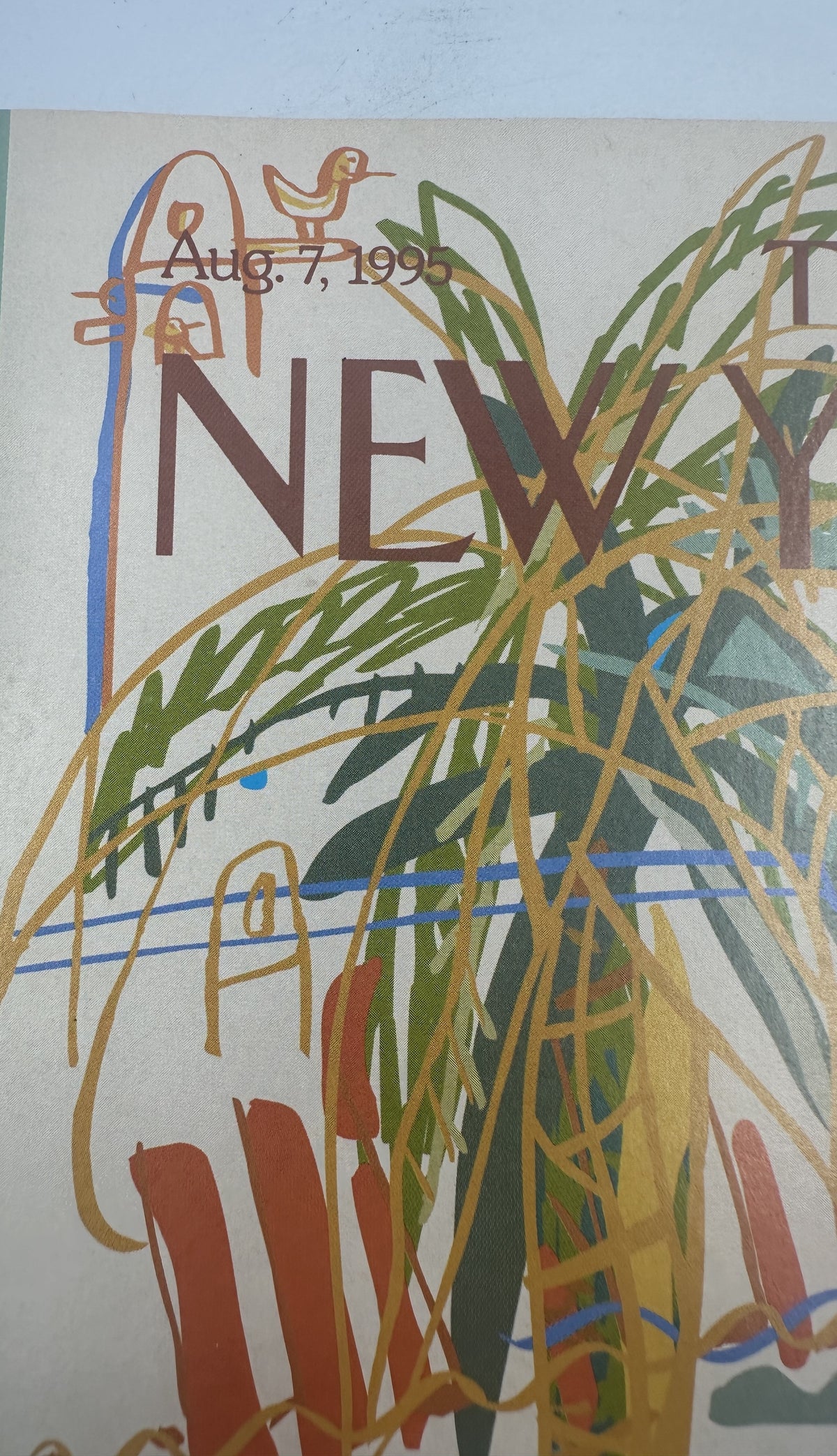 The New Yorker Magazine August 7, 1995 Tropical Beach House Palm Tree Mariscal Cover VG, close-up view of the illustrated cover showing the magazine title, date, palm tree, and colorful tropical beach house artwork.