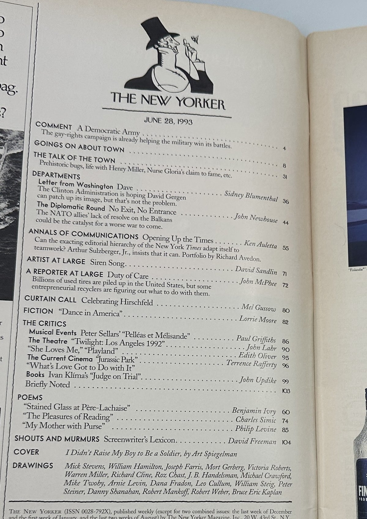 The New Yorker Magazine June 28, 1993 Mirror Reflection Blond Art Spiegelman Cover, showing the issue’s table of contents and New Yorker masthead.