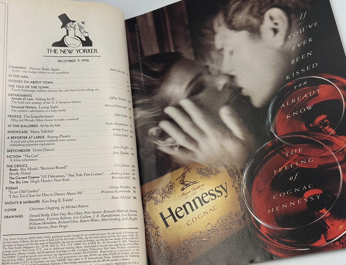 The New Yorker Magazine December 9, 1996 Christmas Statue of Liberty Michael Roberts Cover opened to the table of contents beside a Hennessy Cognac advertisement
