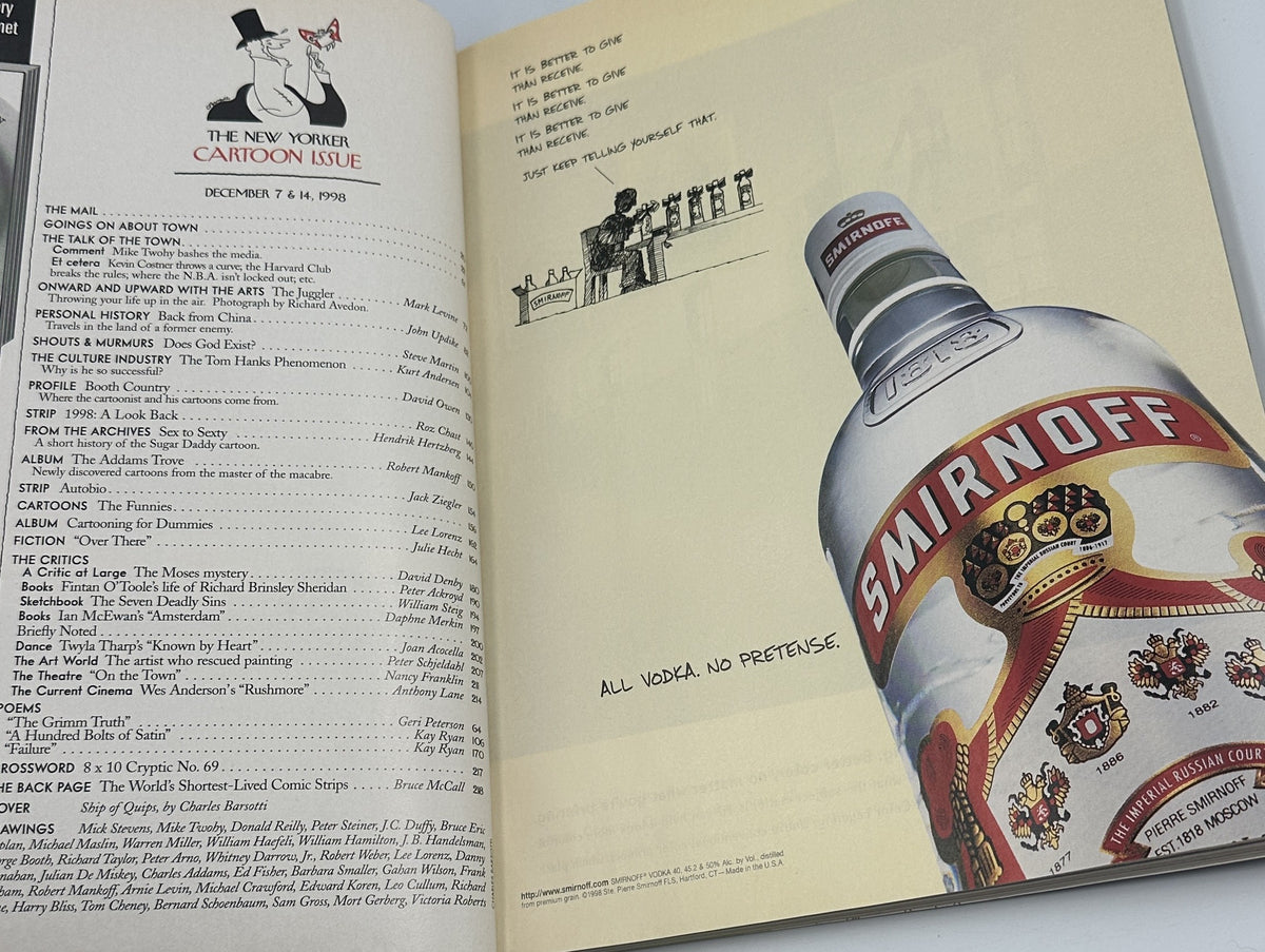 The New Yorker Magazine December 7, 1998 Cartoon Issue Desert Island Charles Barsotti Cover opened to the table of contents beside a Smirnoff vodka advertisement.