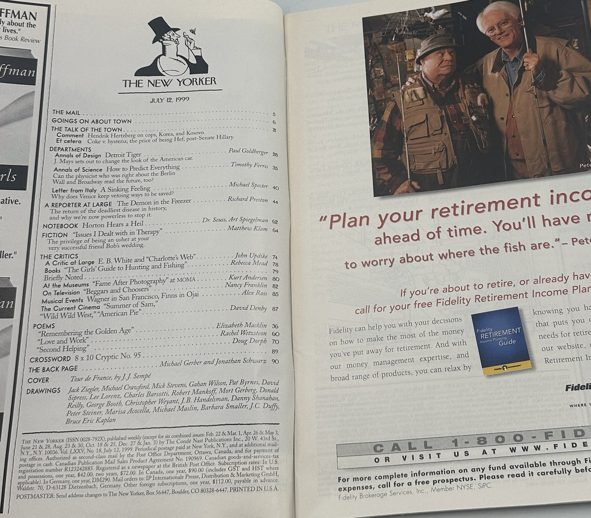 The New Yorker Magazine July 12, 1999 Tour de France Cycling J. J. Sempé Cover VG, open to the table of contents beside a vintage Fidelity retirement advertisement.