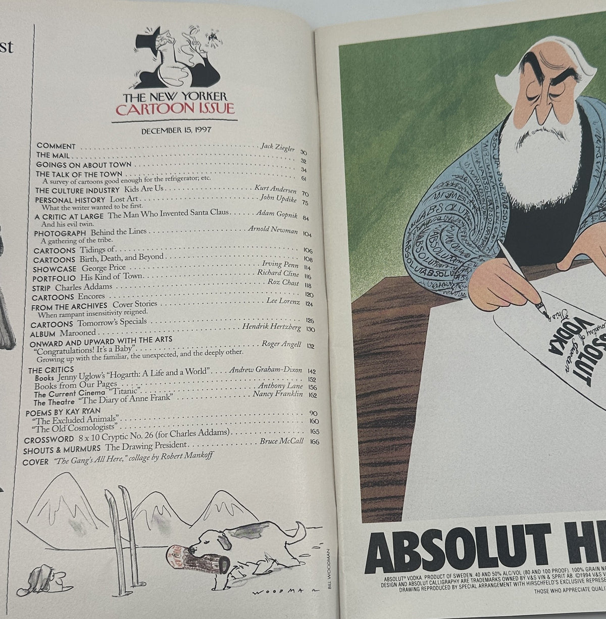 The New Yorker Magazine December 15, 1997 The Gang’s All Here Robert Mankoff Cover VG, open to the table of contents alongside a vintage illustrated advertisement.