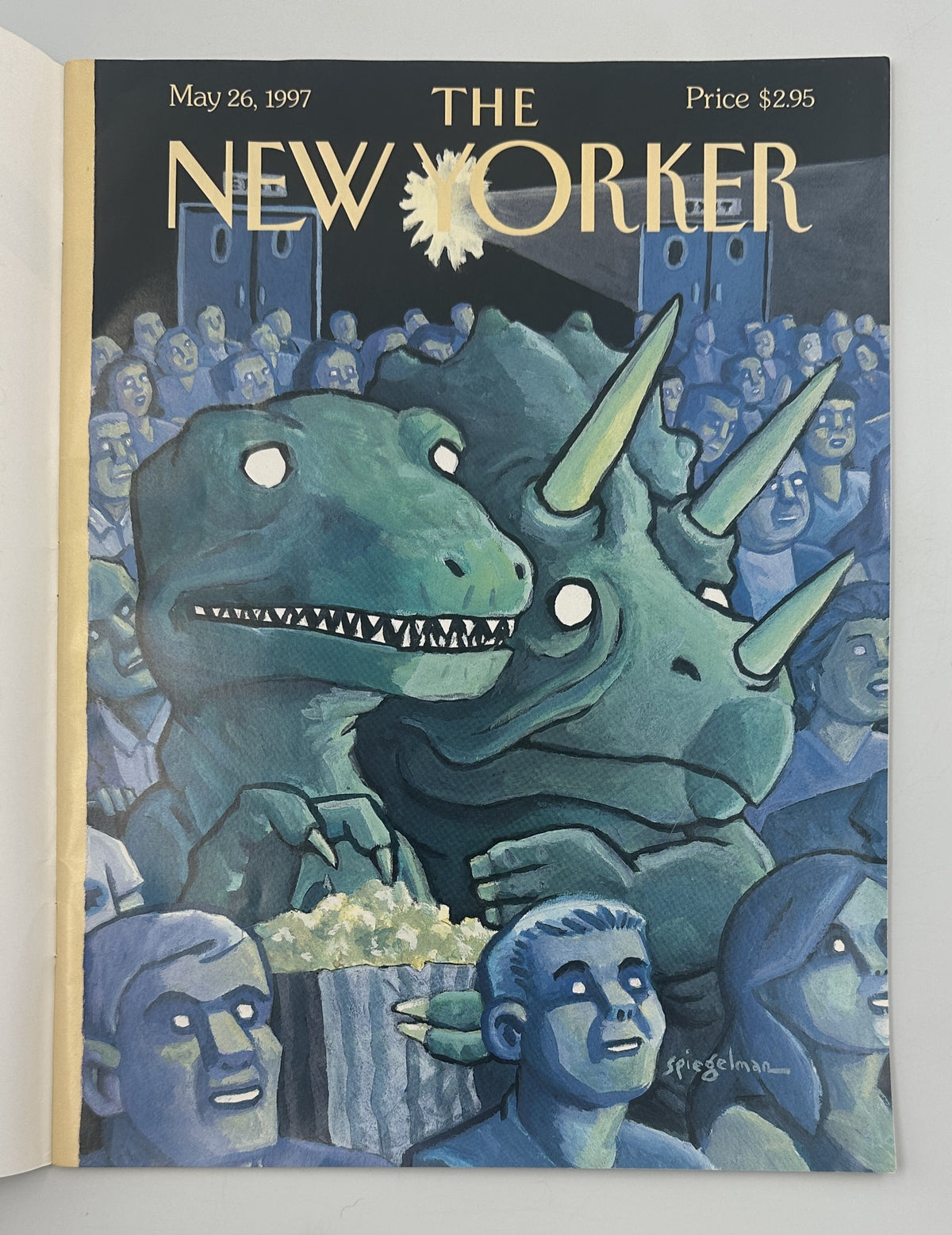 The New Yorker Magazine May 26, 1997 Dinosaurs Movie Theater Art Spiegelman Cover VG, close-up of the Art Spiegelman dinosaur movie theater cover illustration.