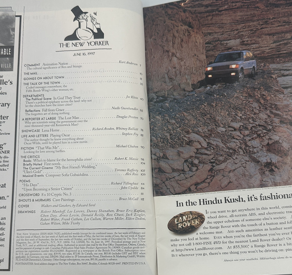 The New Yorker Magazine June 16, 1997 Animal Sightseeing Bus Edward Sorel Cover VG, interior table of contents beside a Land Rover vehicle advertisement.