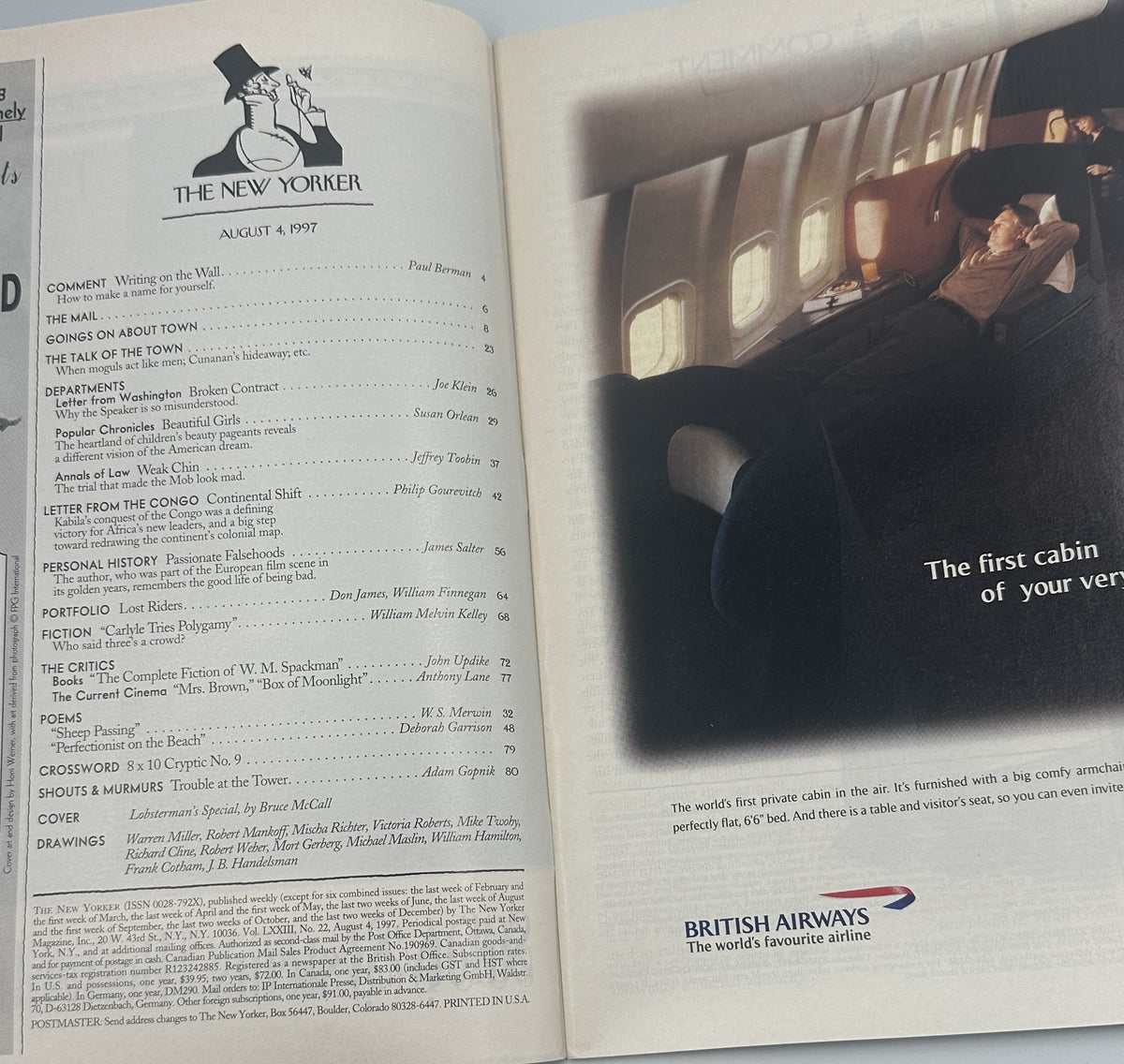 The New Yorker Magazine August 4, 1997 Lobsters Restaurant Dinner Bruce McCall Cover VG, opened to the table of contents beside a British Airways advertisement.
