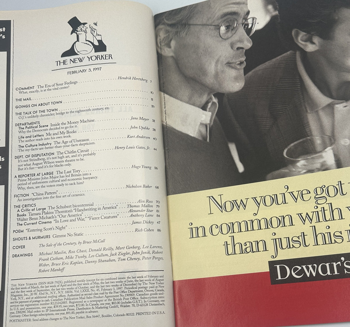The New Yorker Magazine February 3, 1997 Brooklyn Bridge Sale Bruce McCall Cover VG, opened to the table of contents alongside a vintage Dewar's advertisement.