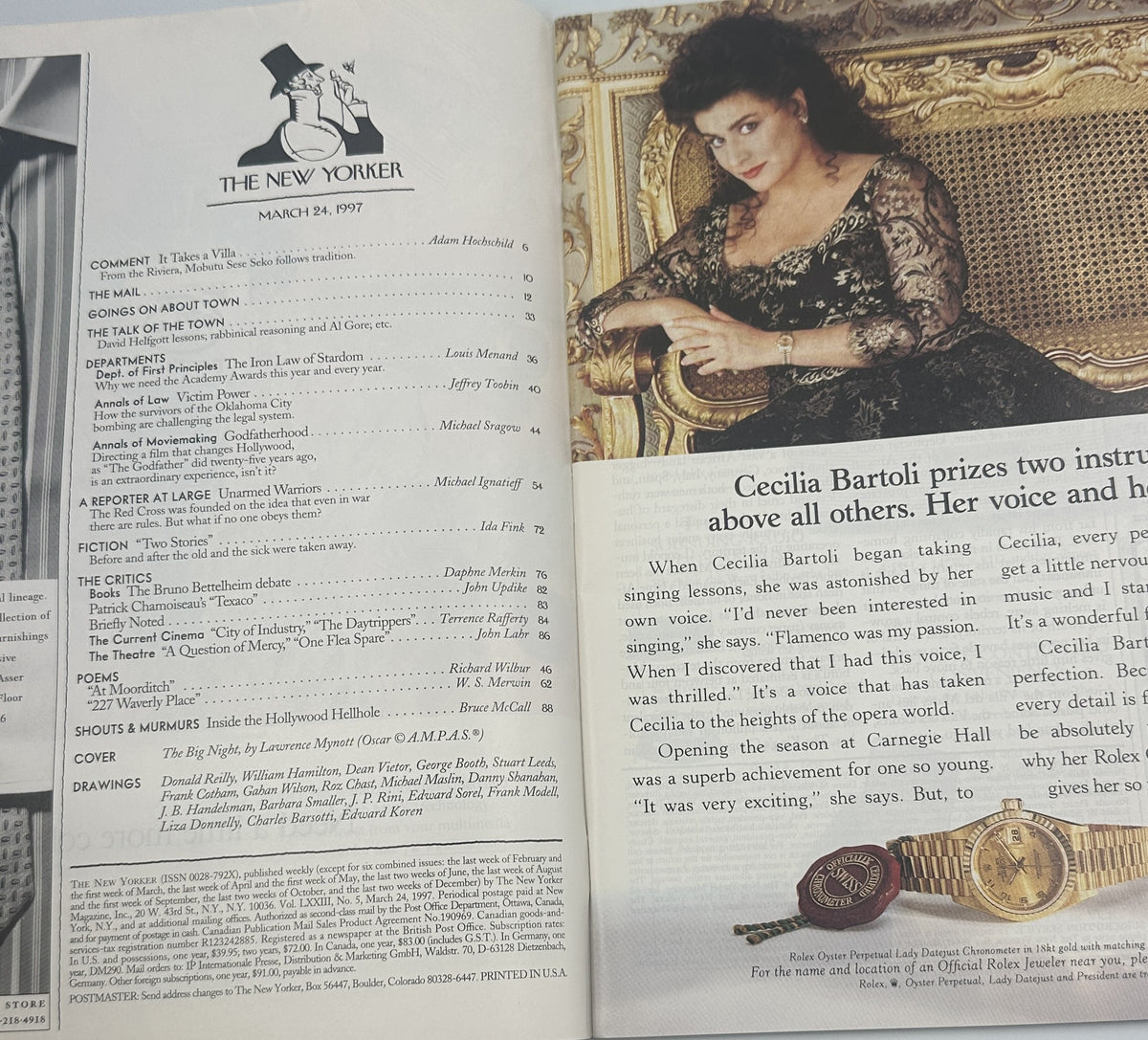 The New Yorker Magazine March 24, 1997 Oscars Red Carpet Limo Laurence Mynott Cover VG opened to the table of contents and a feature article about opera singer Cecilia Bartoli.