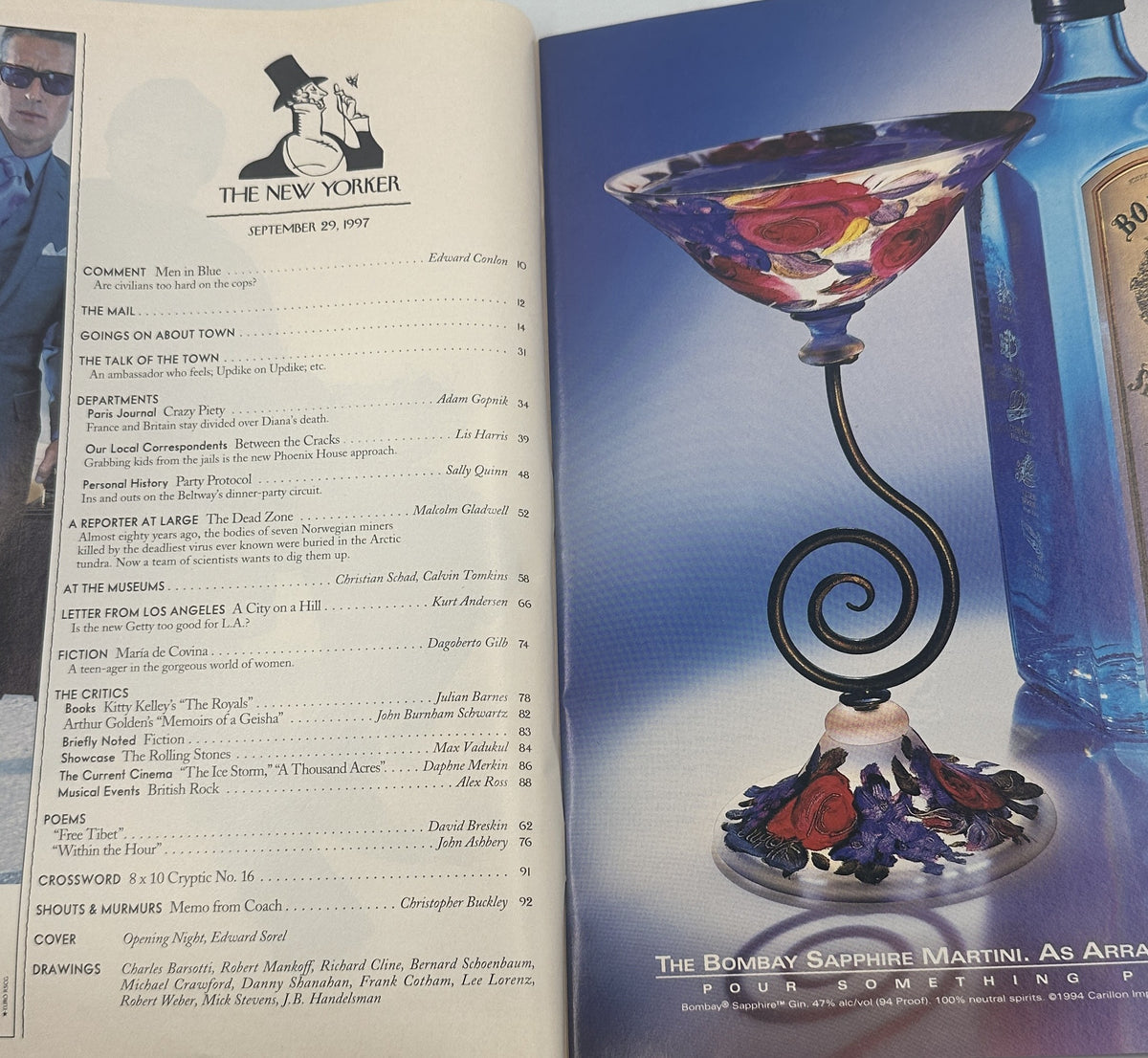 The New Yorker Magazine September 29, 1997 Theater Opening Night Edward Sorel Cover VG, interior table of contents beside a Bombay Sapphire Martini advertisement.