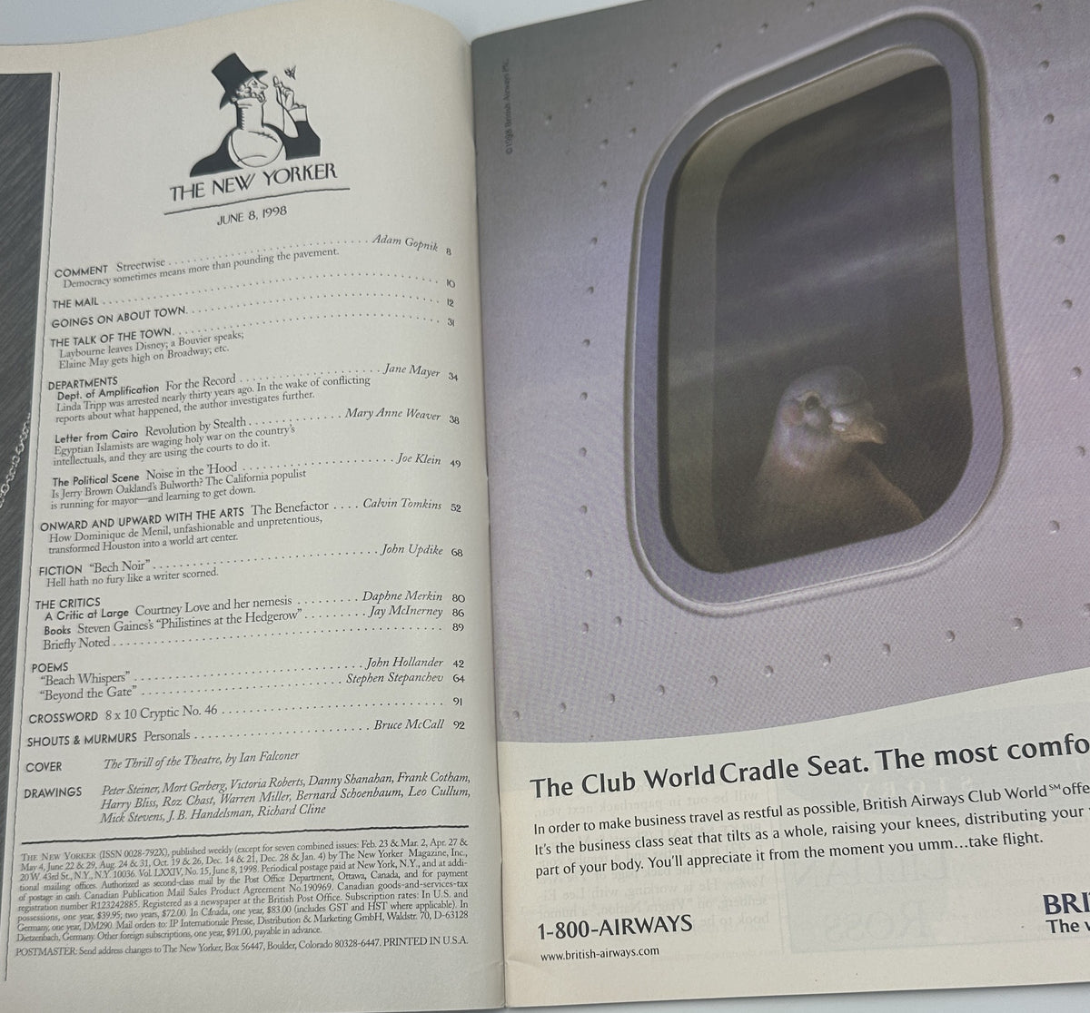 The New Yorker Magazine June 8, 1998 Theater Stage Spotlight Ian Falconer Cover VG, showing the table of contents page beside an AirWays Club WorldCradle airline advertisement.