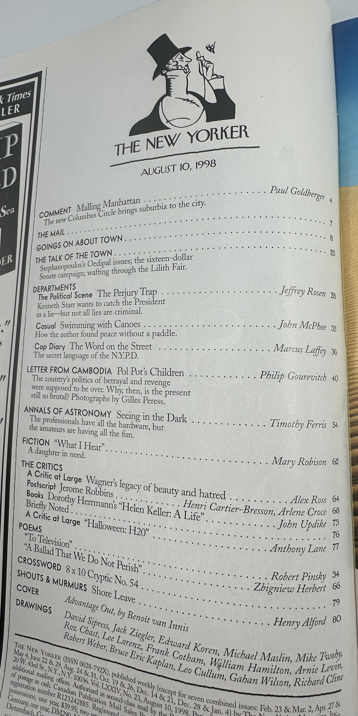 The New Yorker Magazine August 10, 1998 Advantage Out Benoit van Innis Cover VG interior table of contents page with articles, fiction, poems, criticism, and departments