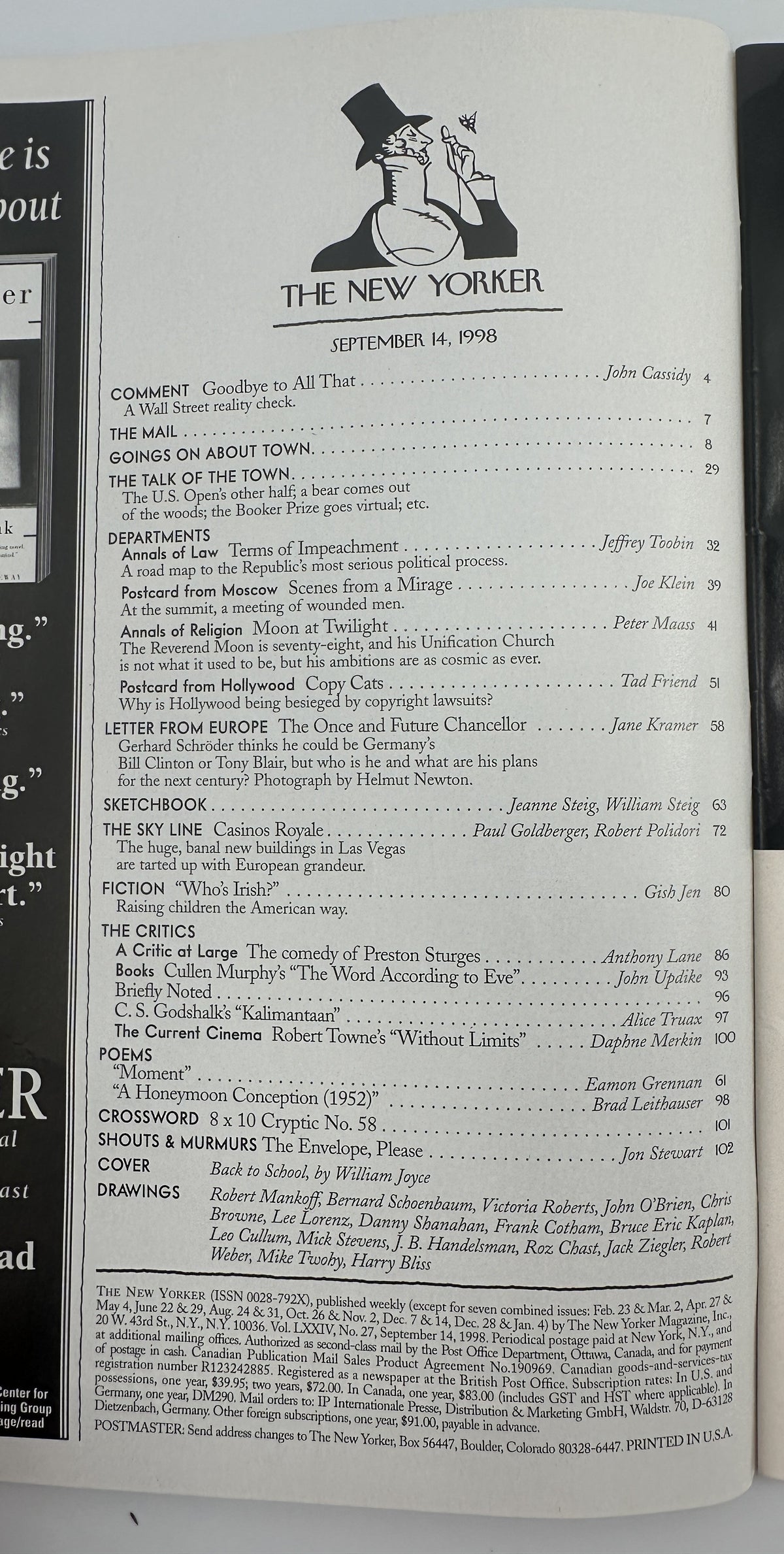 The New Yorker Magazine September 14, 1998 Running Schoolhouse William Joyce Cover VG, showing the magazine table of contents page with issue details and featured articles