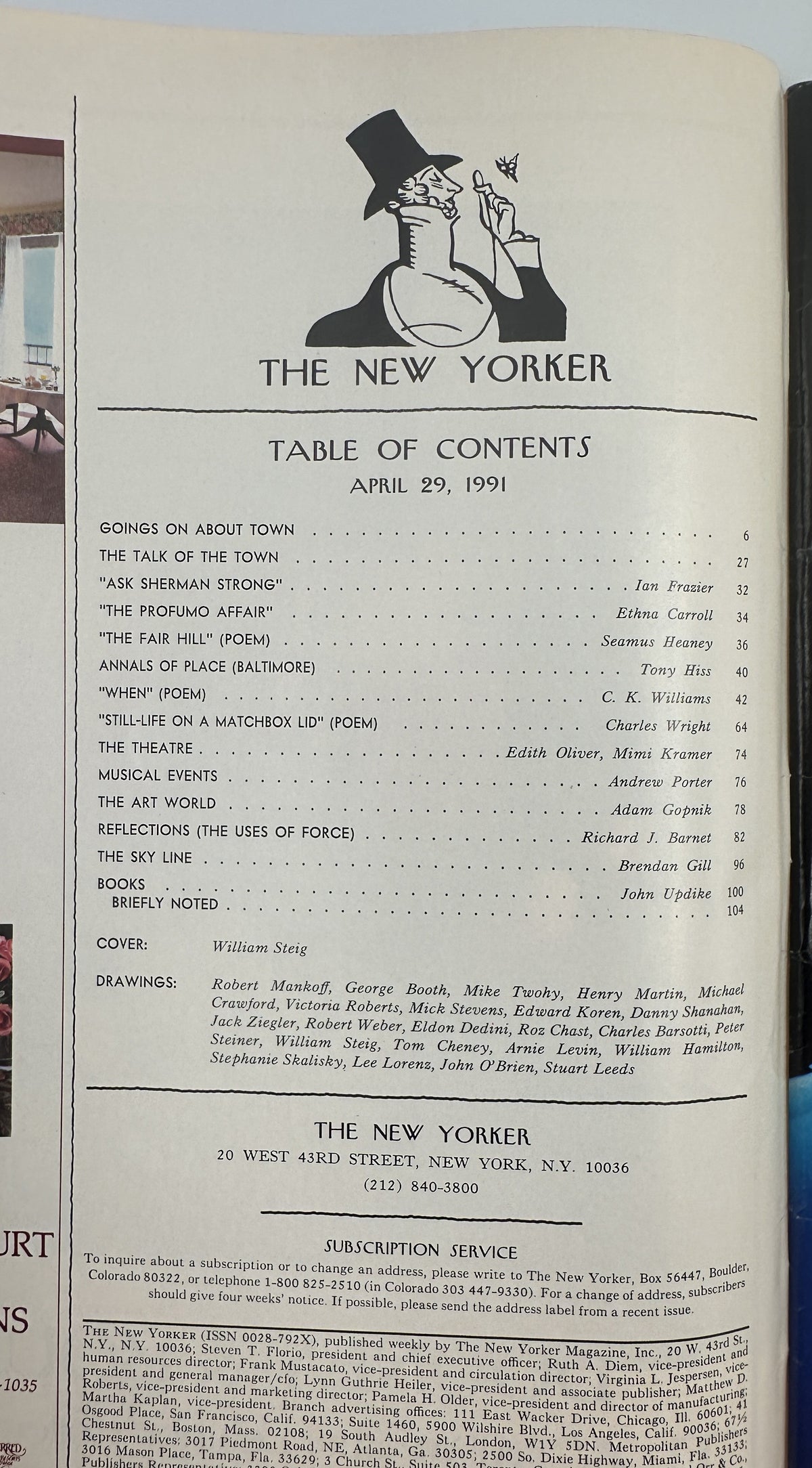 The New Yorker Magazine April 29, 1991 Donkey Riders Spear William Steig Cover VG, showing the magazine table of contents page with issue details and contributor listings.