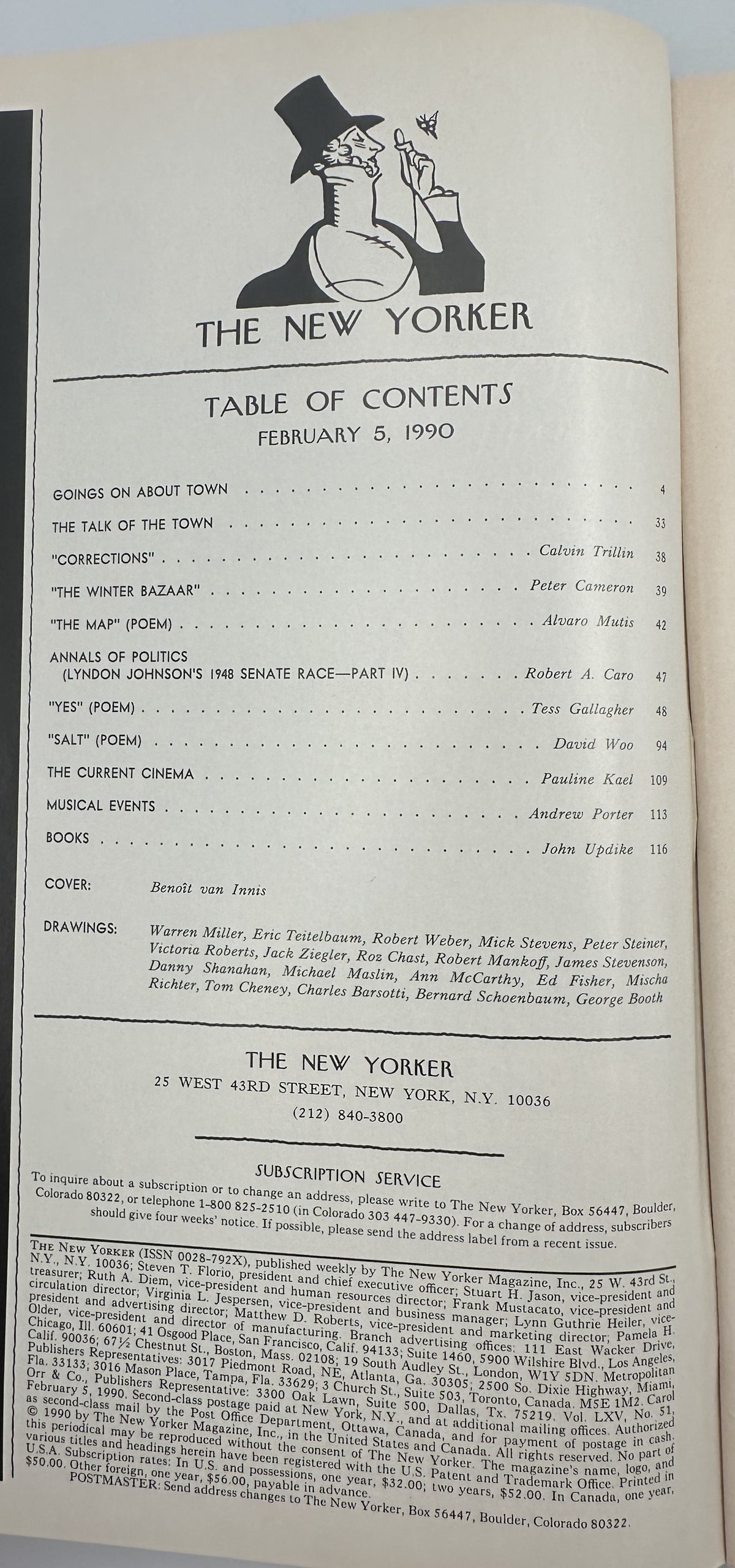 The New Yorker Magazine February 5, 1990 Snowy Family Home Benoît van Innis Cover VG, open to the table of contents page listing articles, poems, reviews, and illustrations.