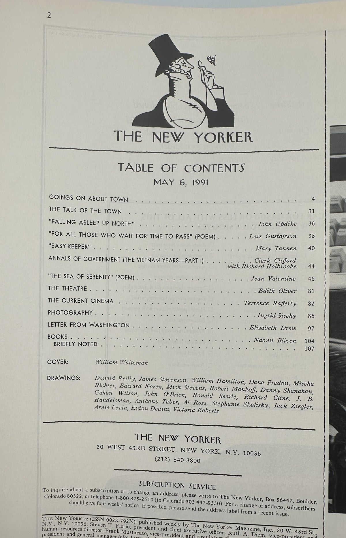 The New Yorker Magazine May 6, 1991 Coffee Pastry Desk William Waitzman Cover VG, table of contents page listing articles, poems, theater, cinema, photography, books, and contributors
