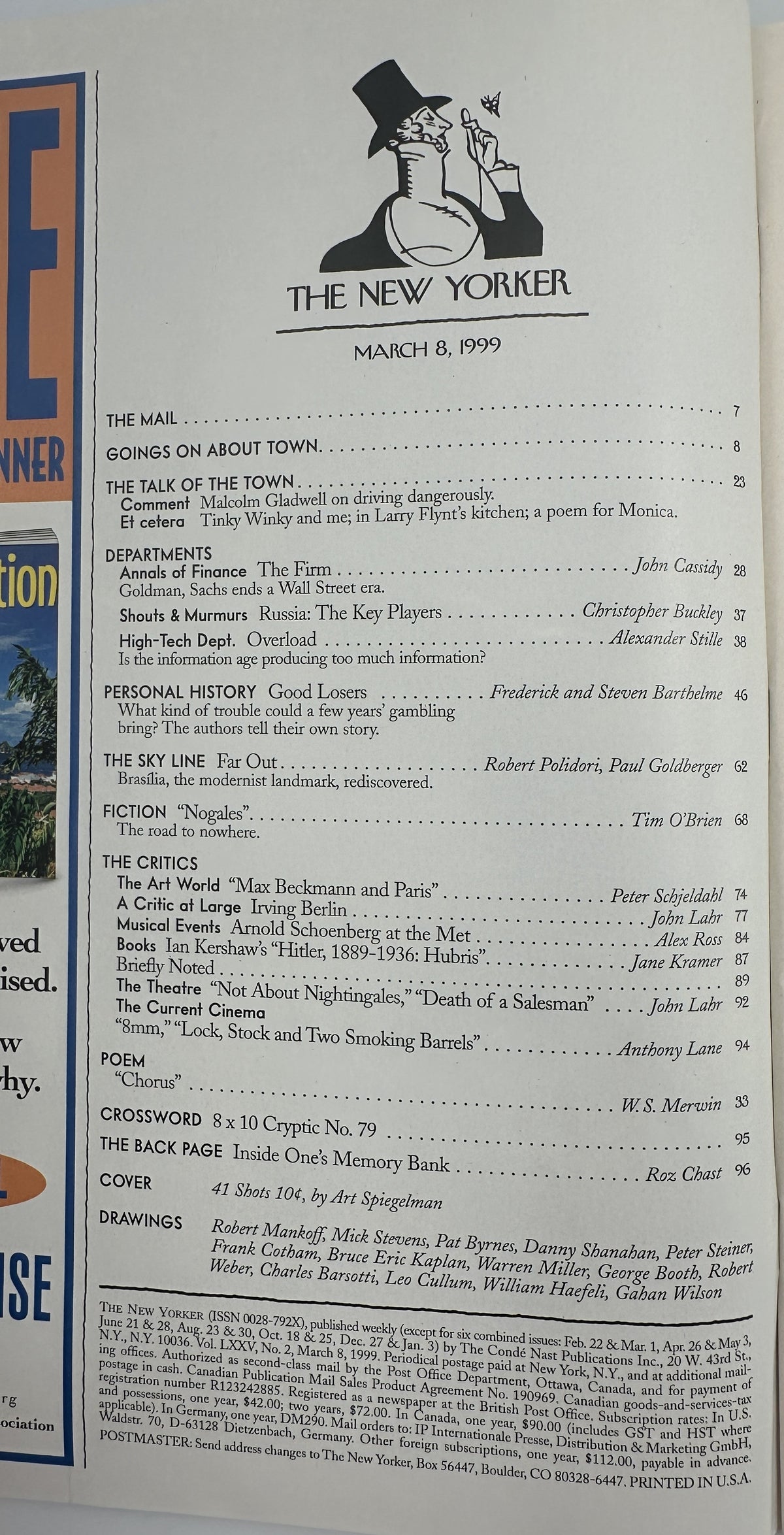 The New Yorker Magazine March 8, 1999 Police Shooting Gallery Art Spiegelman Cover VG, showing the magazine's interior table of contents page with articles, fiction, reviews, drawings, and cover credits.