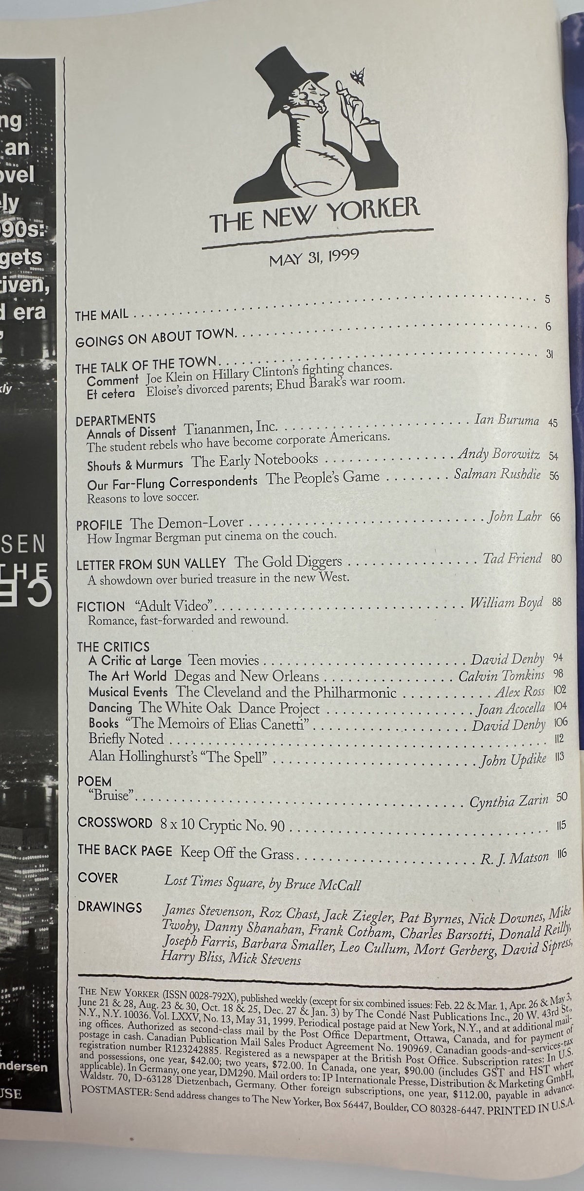 The New Yorker Magazine May 31, 1999 Lost Times Square City Bruce McCall Cover VG, interior table of contents page