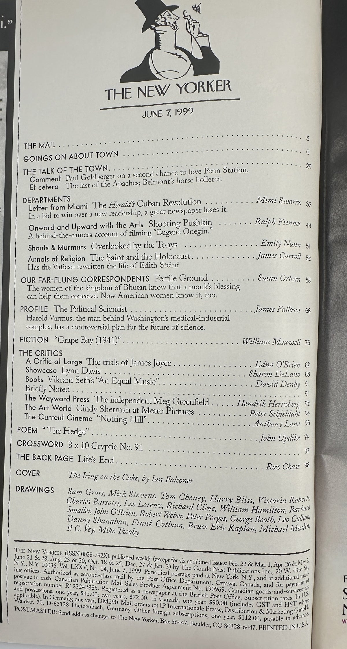 The New Yorker Magazine June 7, 1999 The Icing on the Cake Ian Falconer Cover VG, showing the issue's table of contents and feature listings.