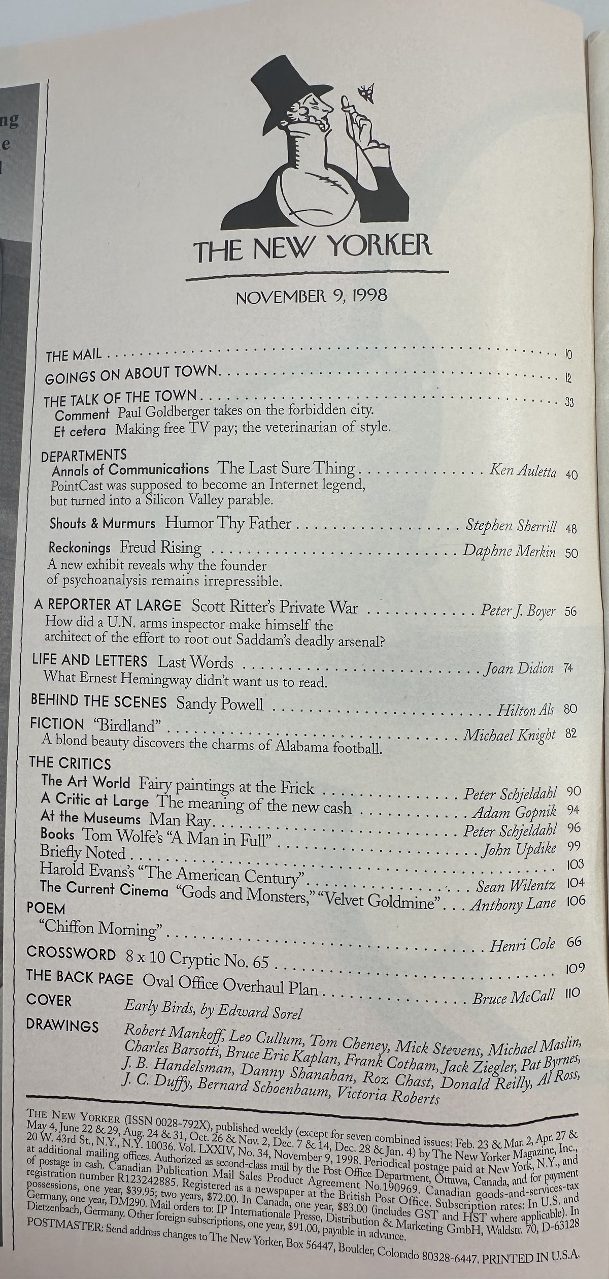 The New Yorker Magazine November 9, 1998 Laptop Café Autumn Edward Sorel Cover VG table of contents page showing magazine departments, articles, fiction, criticism, crossword, and cover credits.