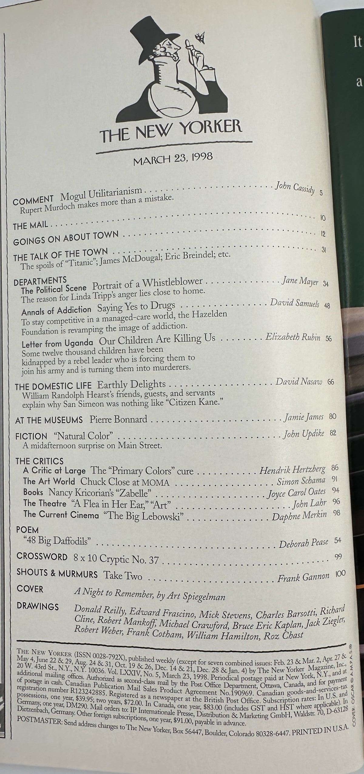 The New Yorker Magazine March 23, 1998 Titanic Iceberg Art Spiegelman Cover VG, interior table of contents page listing articles, fiction, criticism, departments, and cover art by Art Spiegelman.