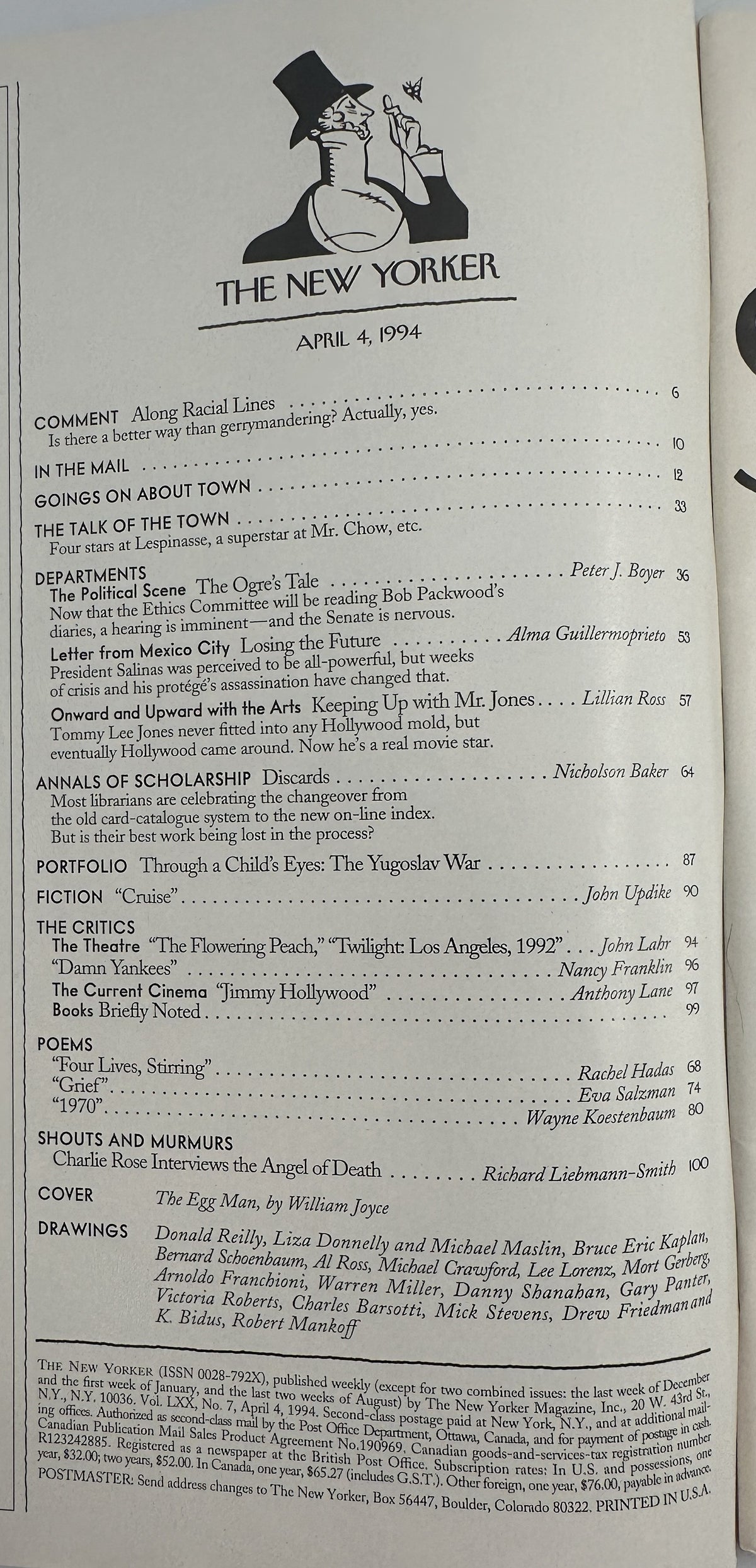 The New Yorker Magazine April 4, 1994 Smiling Egg Man William Joyce Cover, showing the issue's table of contents page