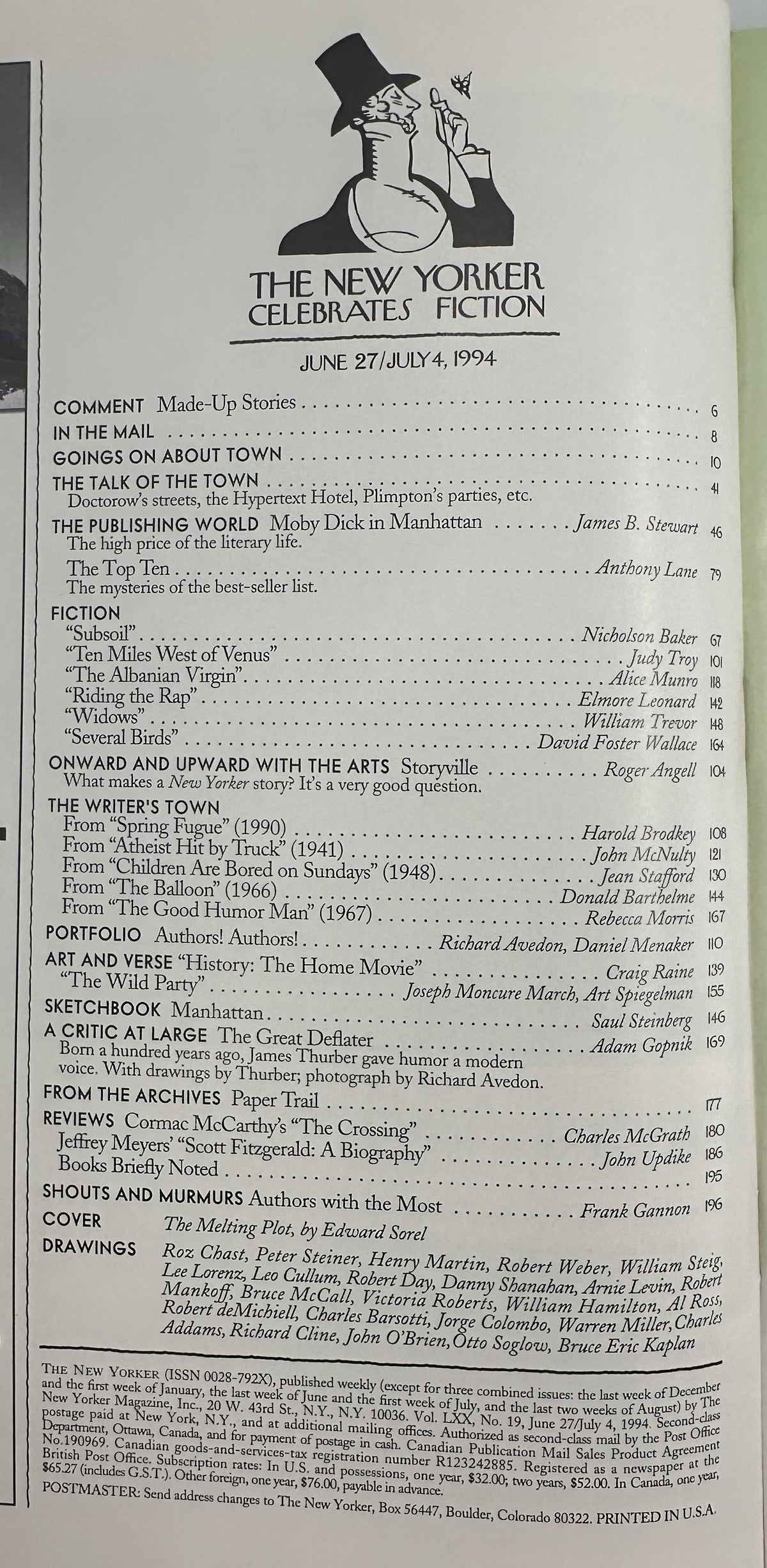 The New Yorker Magazine June 27 & July 4, 1994 The Melting Plot Edward Sorel Cover, showing the issue’s table of contents and fiction listings on an interior page.