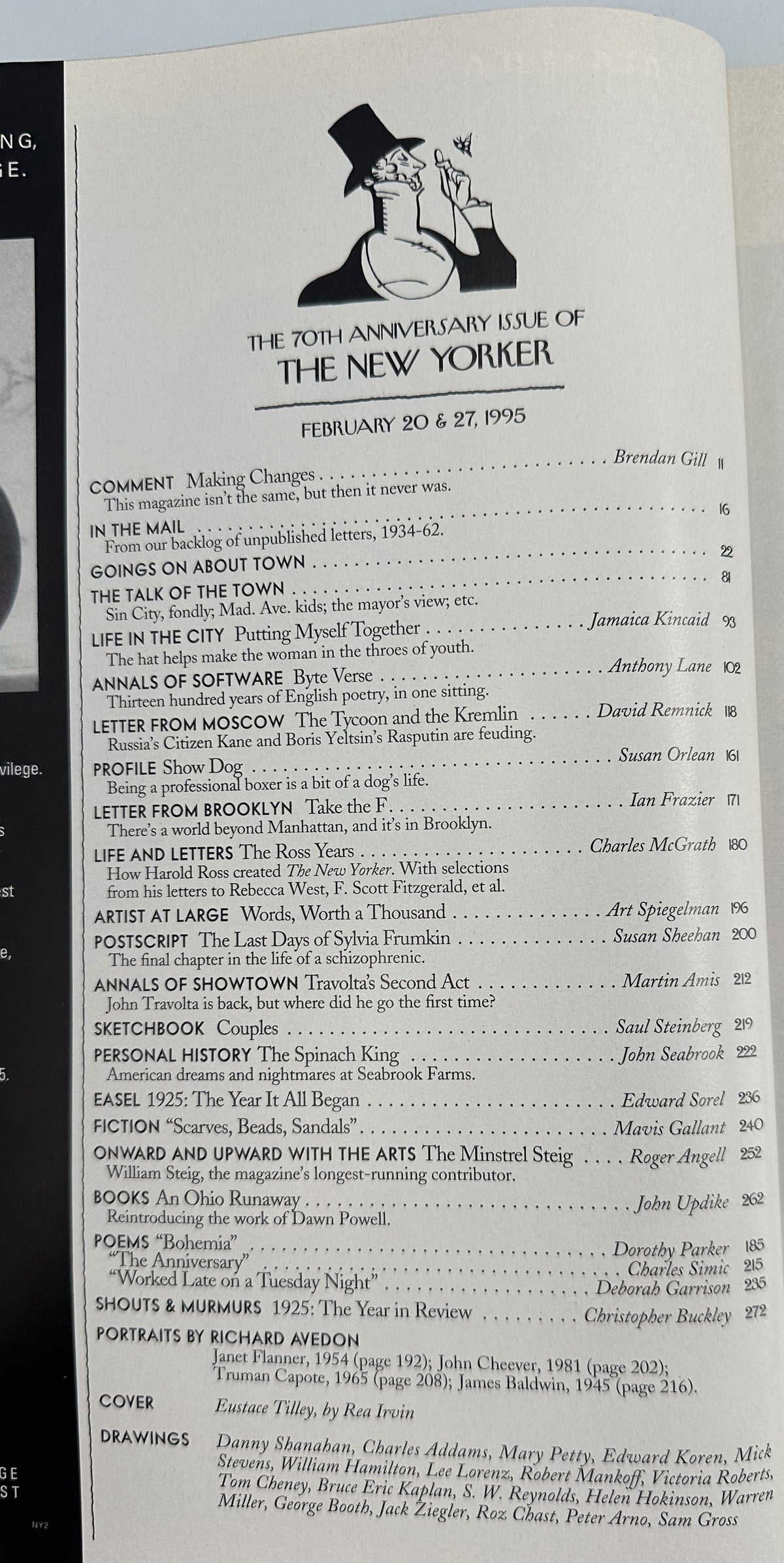 The New Yorker Magazine February 20 & 27, 1995 Eustace Tilley Rea Irvin Cover, interior table of contents page with feature articles, fiction, poems, drawings, and contributor listings