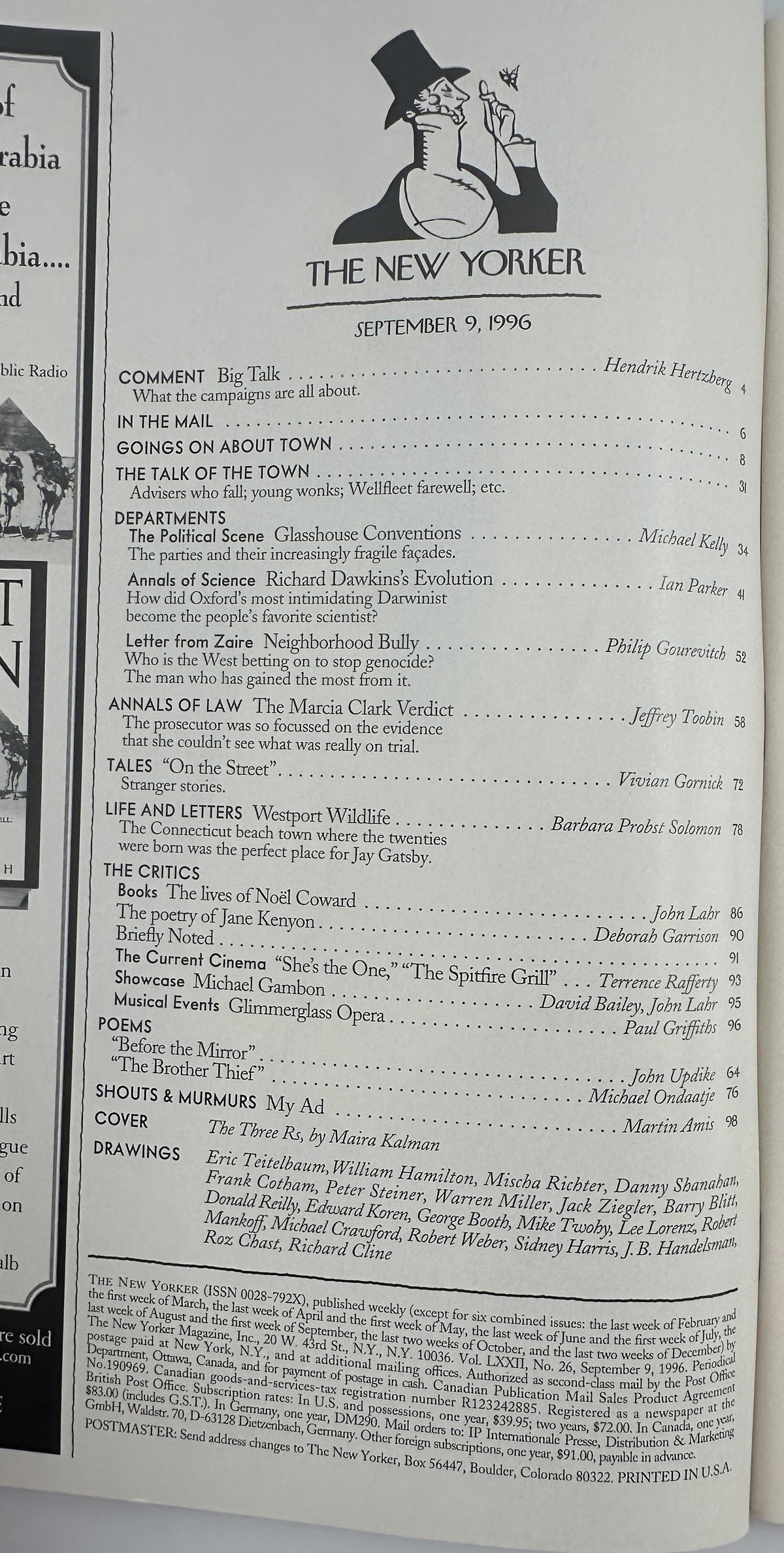 The New Yorker Magazine September 9, 1996 Classroom Teacher Chalkboard Maira Kalman Cover opened to the table of contents page with magazine articles and departments listed