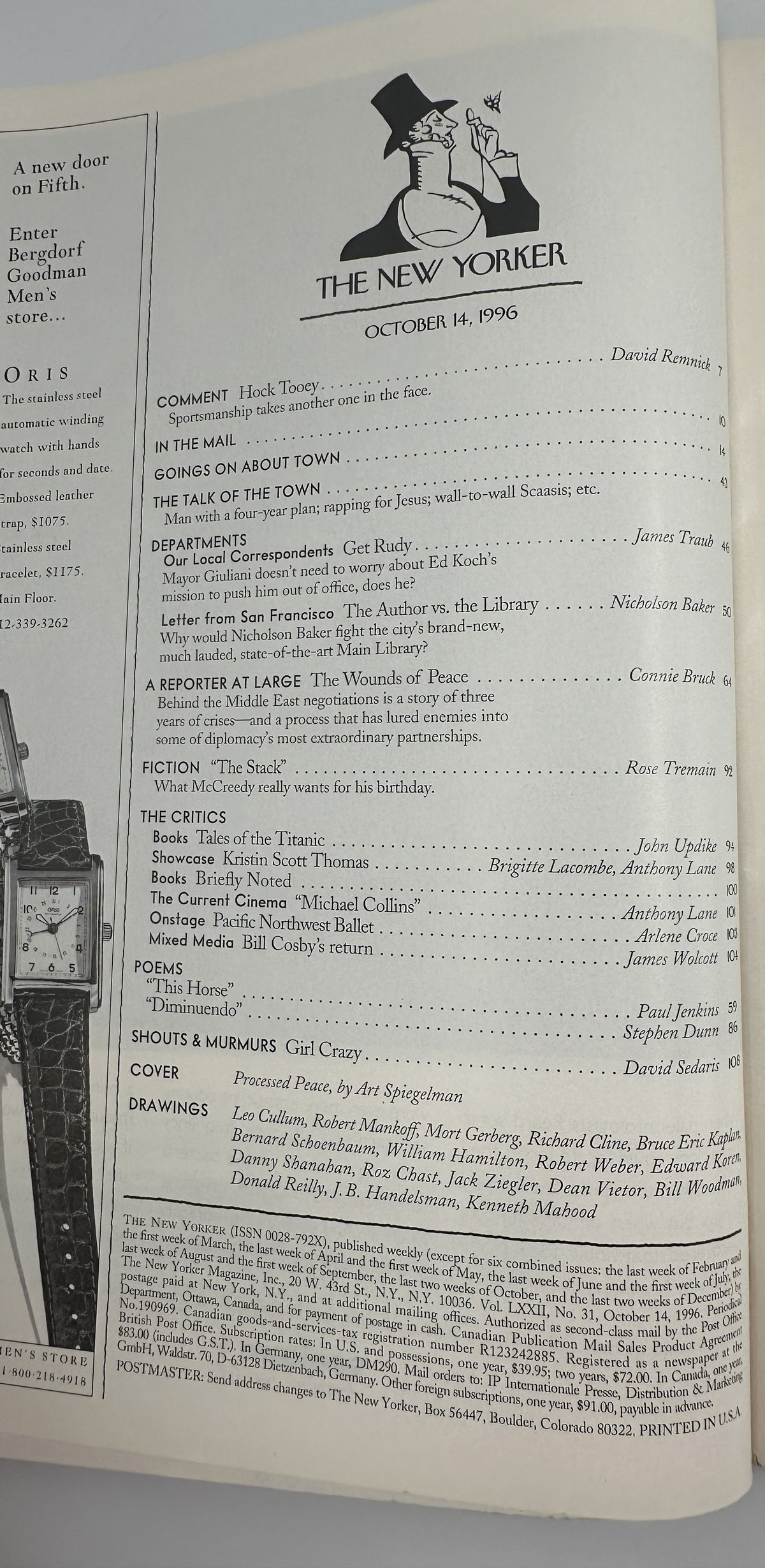 The New Yorker Magazine October 14, 1996 White Dove Red Lightning Art Spiegelman Cover, showing the magazine table of contents page with feature articles, fiction, reviews, poems, and drawings listings.