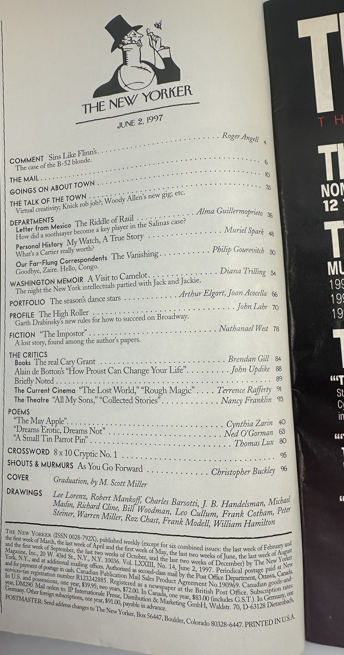 Table of contents page from The New Yorker Magazine June 2, 1997 Graduation Caps Ceremony M. Scott Miller Cover, showing featured articles, departments, fiction, criticism, poems, crossword, and cover credits.