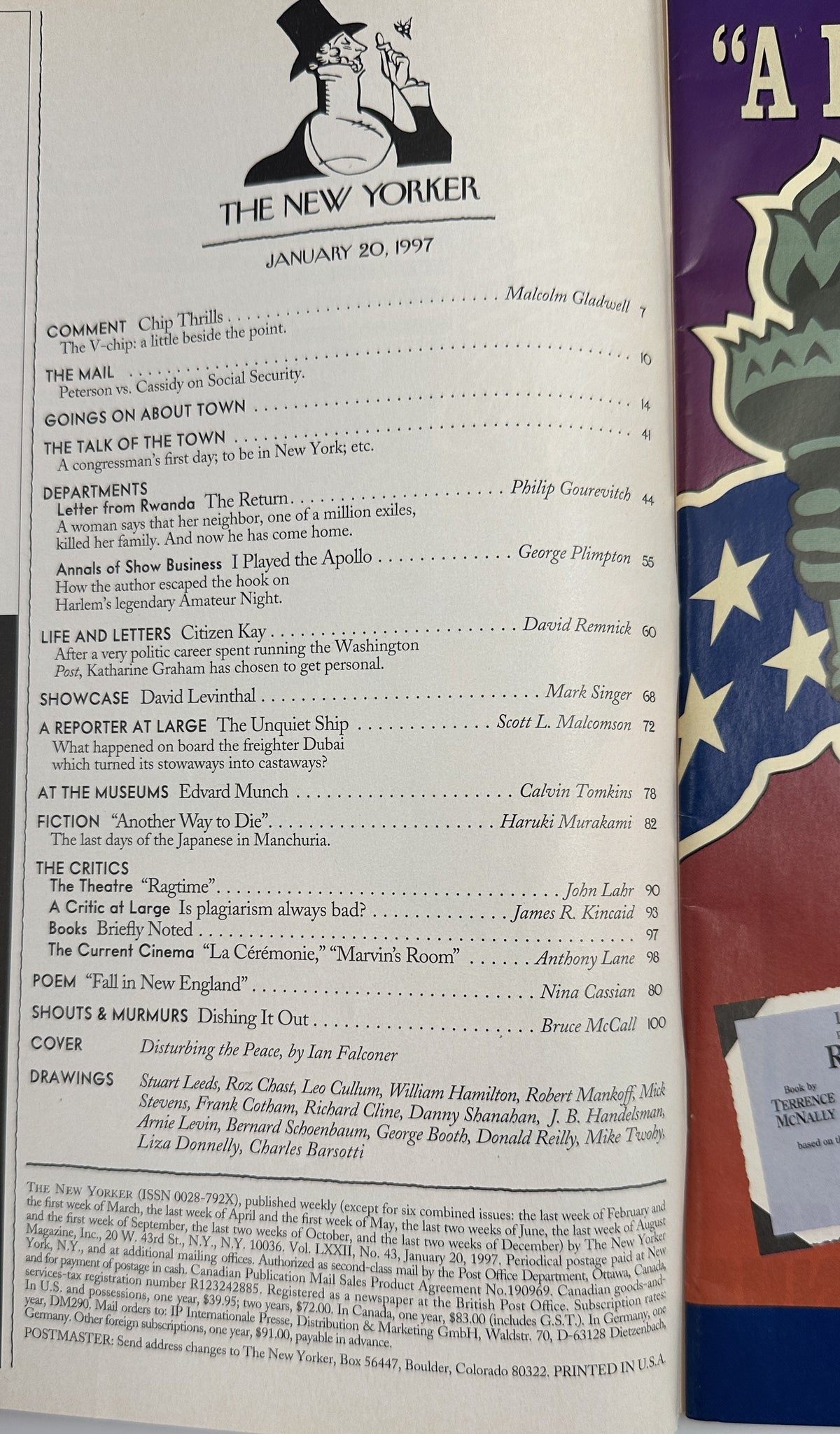 The New Yorker Magazine January 20, 1997 Disturbing the Peace Ian Falconer Cover table of contents page with articles, fiction, cartoons, and departments