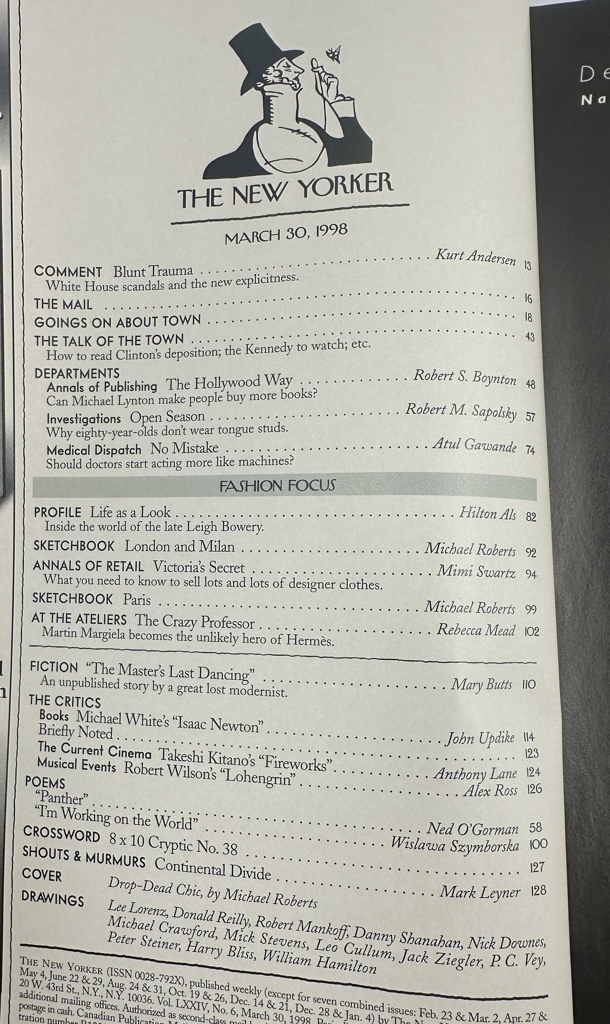 The New Yorker Magazine March 30, 1998 Drop-Dead Chic Michael Roberts Cover VG, showing the magazine table of contents and issue details
