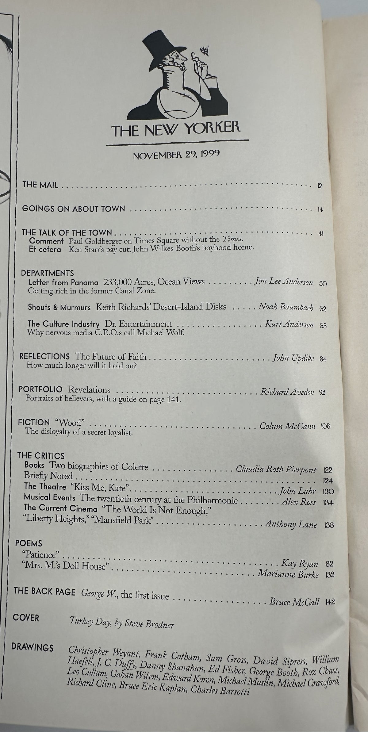 The New Yorker Magazine November 29, 1999 Flying Turkey Steve Brodner Cover VG, showing the table of contents page with articles, fiction, poetry, reviews, and drawings