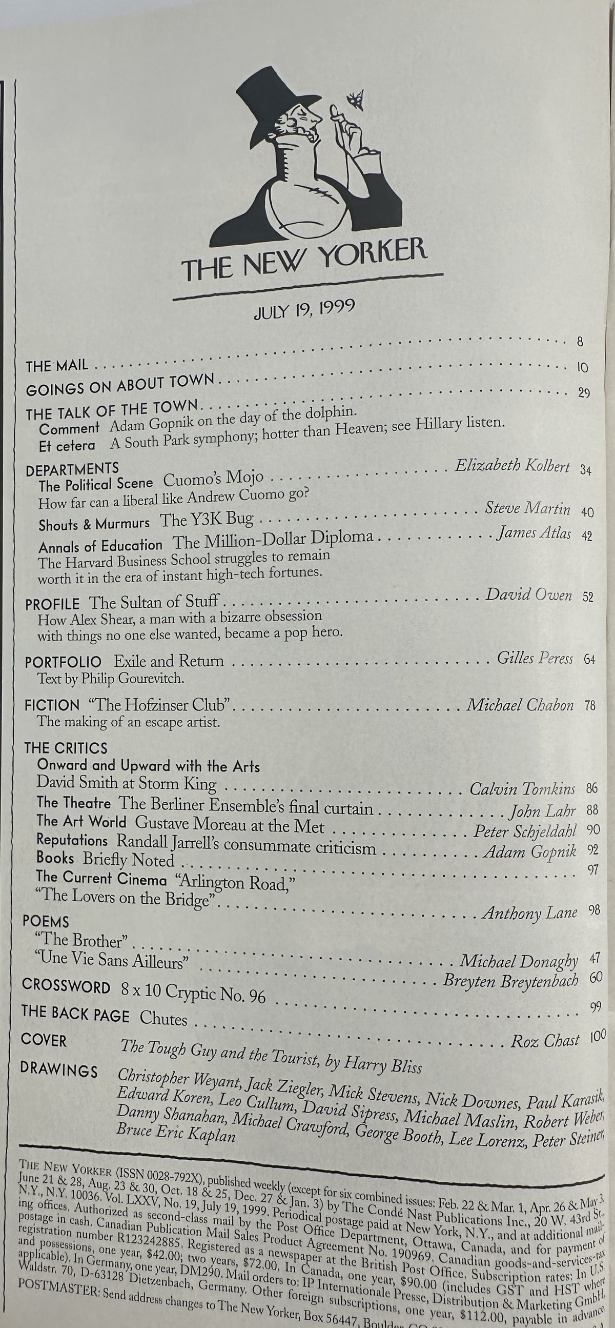 The New Yorker Magazine July 19, 1999 The Tough Guy and the Tourist Harry Bliss Cover, interior table of contents page listing articles, fiction, criticism, poems, crossword, and cartoons
