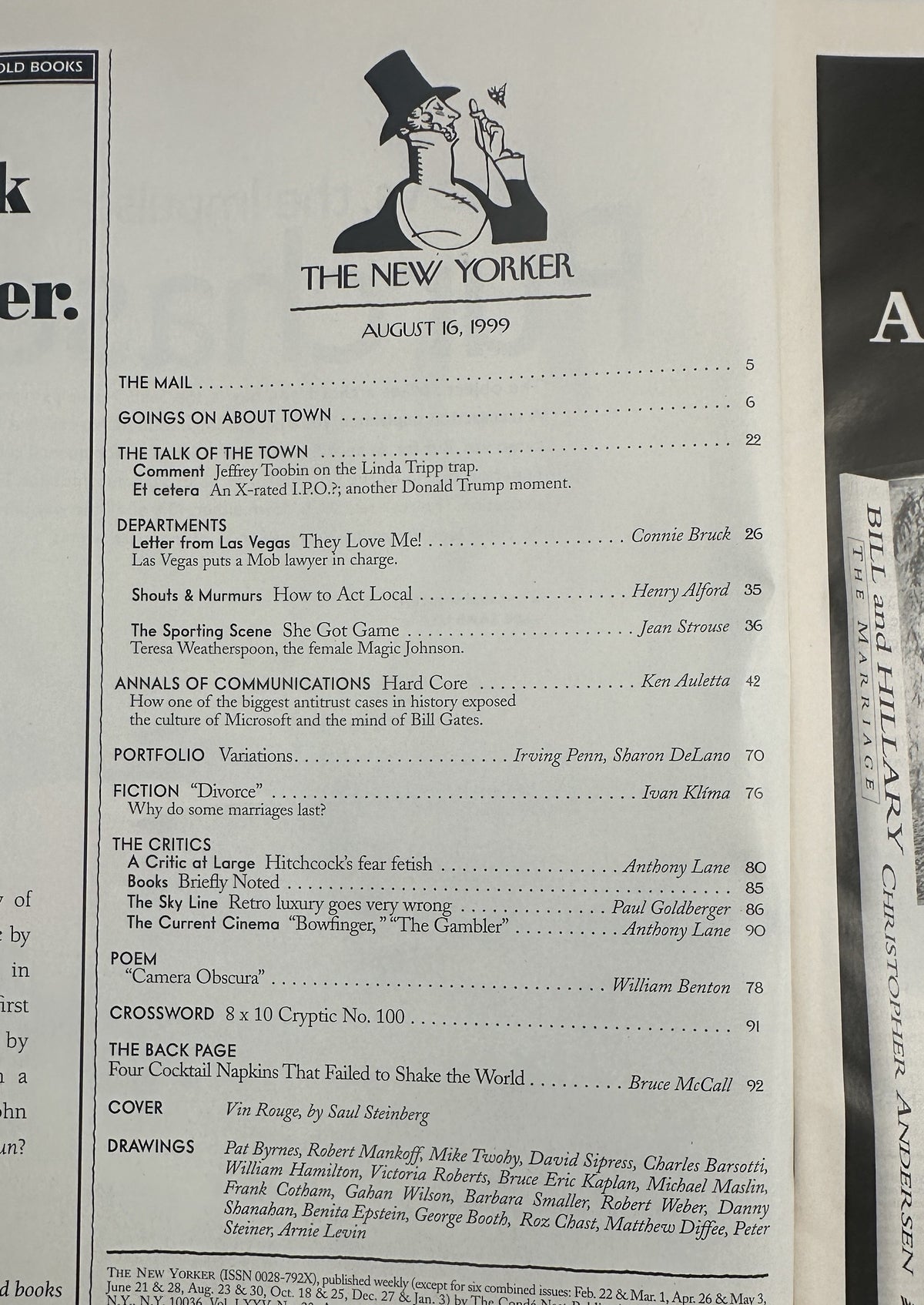 The New Yorker Magazine August 16, 1999 Vin Rouge Saul Steinberg table of contents page showing articles, departments, fiction, reviews, drawings, and cover credits