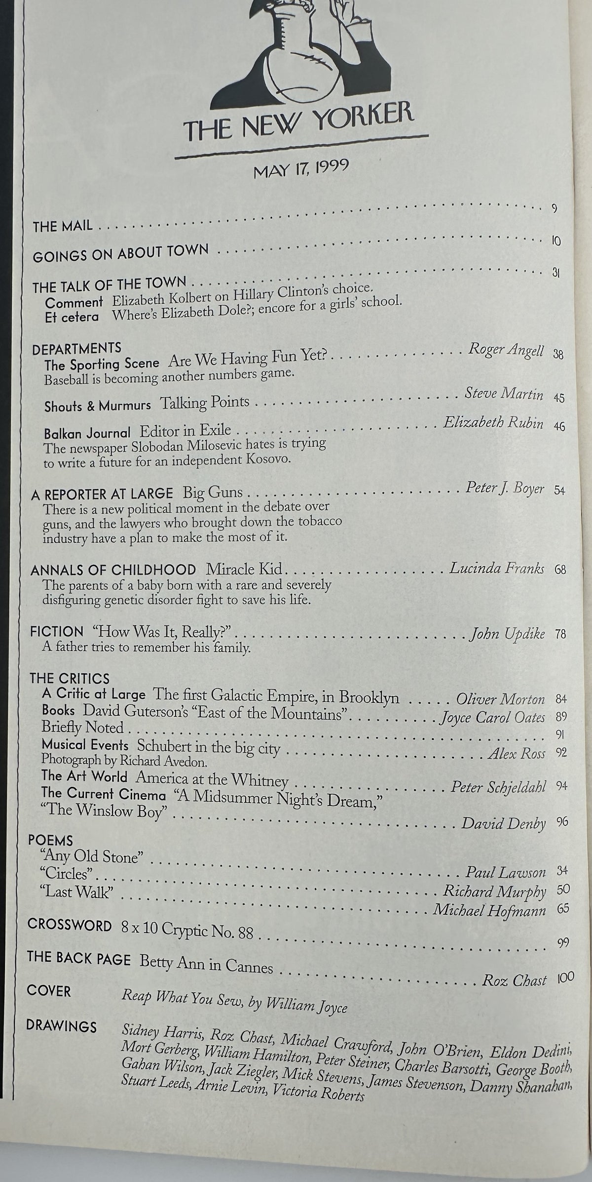 The New Yorker Magazine May 17, 1999 Reap What You Sew William Joyce Cover, opened to the table of contents page.