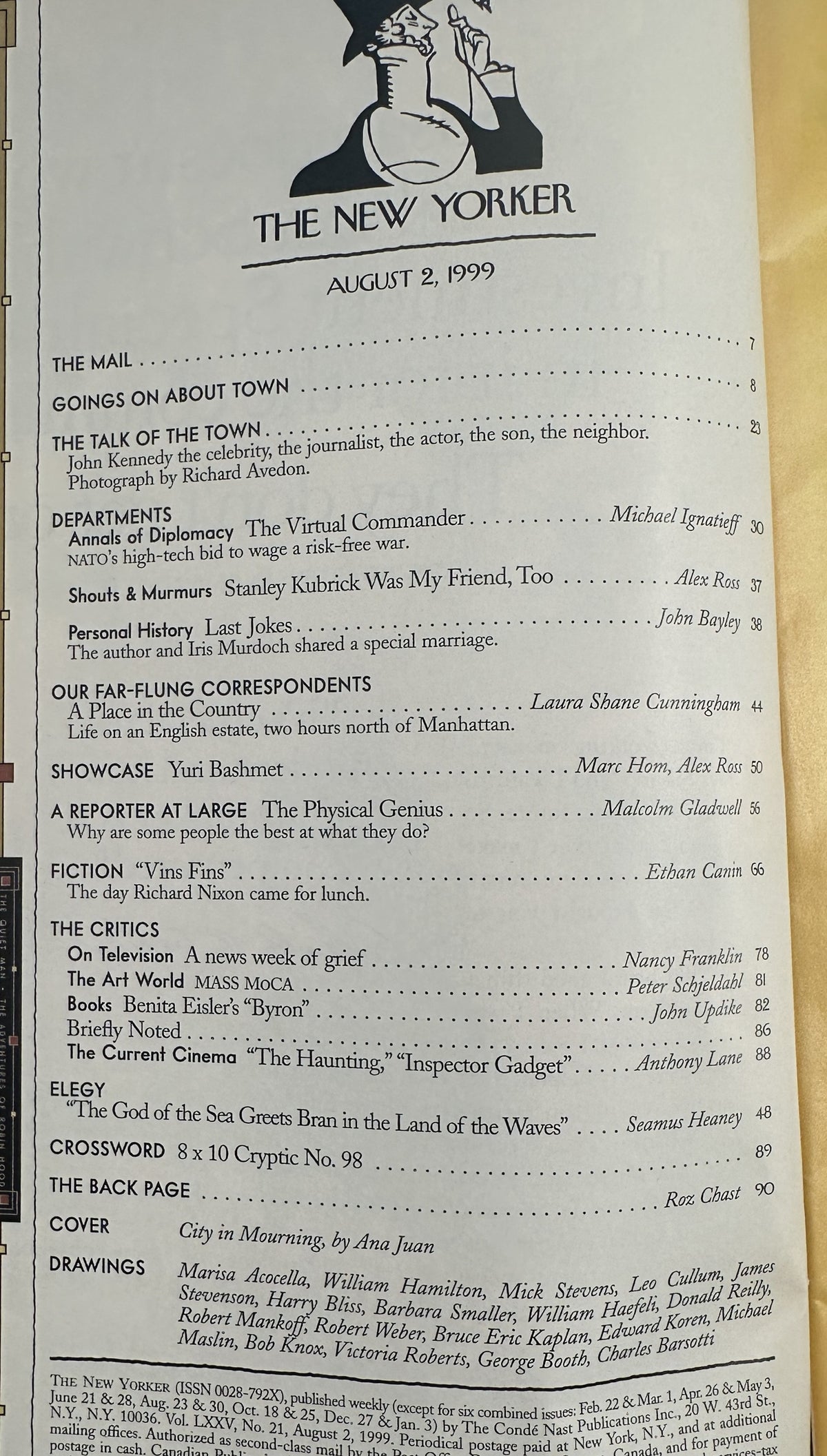 The New Yorker Magazine August 2, 1999 table of contents page with feature articles, departments, critics, fiction, and cover credits