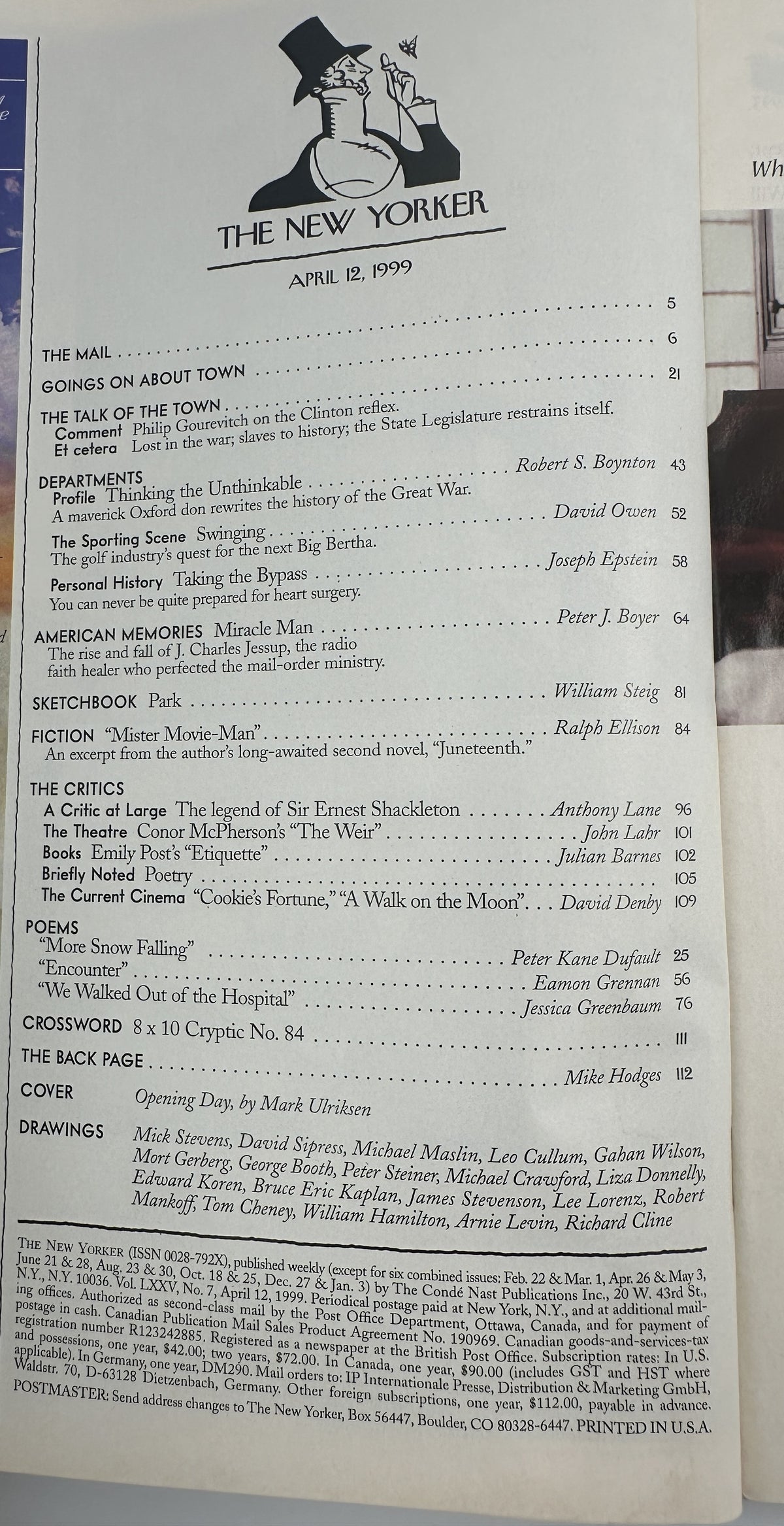 The New Yorker Magazine April 12, 1999 Baseball Opening Day Mark Ulriksen Cover opened to the table of contents page with featured articles, fiction, poems, reviews, and drawings.