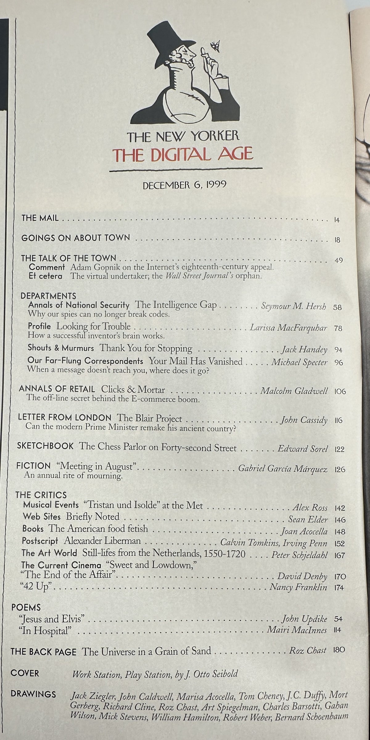The New Yorker Magazine December 6, 1999 Work Station Play Station J. Otto Seibold Cover table of contents page with articles, fiction, poems, reviews, and drawings