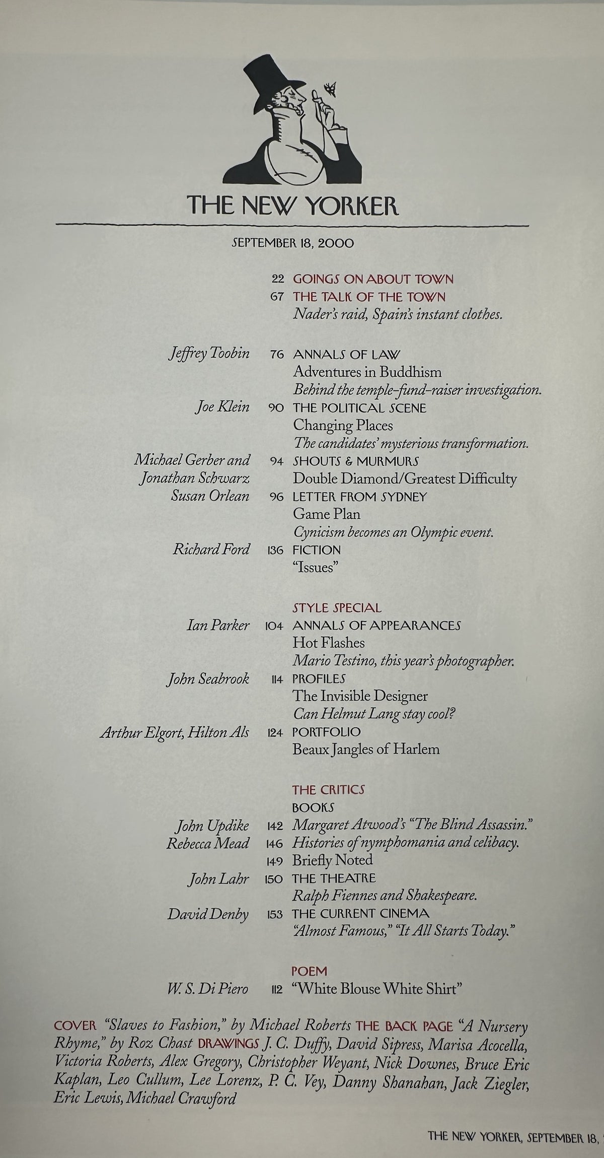 Table of contents page from The New Yorker Magazine September 18, 2000 Slaves to Fashion Michael Roberts Cover VG, featuring articles, fiction, style special, critics, poem, and back page listings.