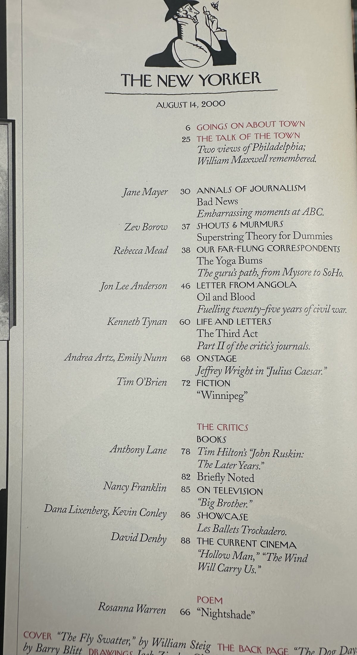 The New Yorker Magazine August 14, 2000 Fly Swatter William Steig Cover VG, showing the issue's printed table of contents and featured articles.