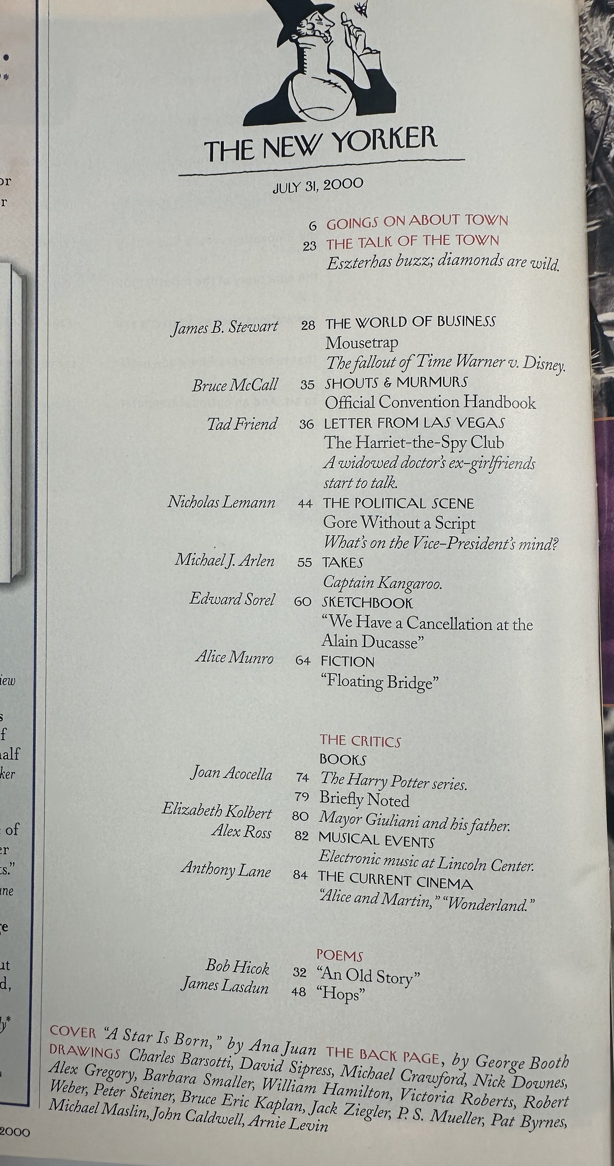 The New Yorker Magazine July 31, 2000 A Star Is Born Ana Juan Cover VG, showing the issue's printed table of contents page.