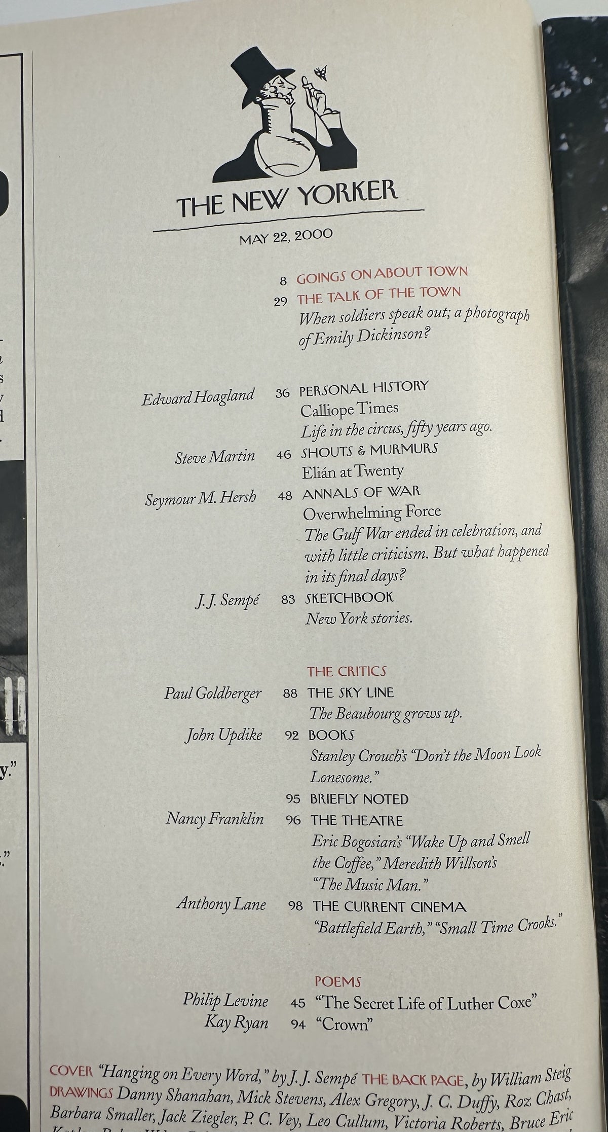 The New Yorker Magazine May 22, 2000 Office Workers J.J. Sempé Cover VG featuring the magazine table of contents page with articles, poems, sketches, critics, and cover credits by J. J. Sempé