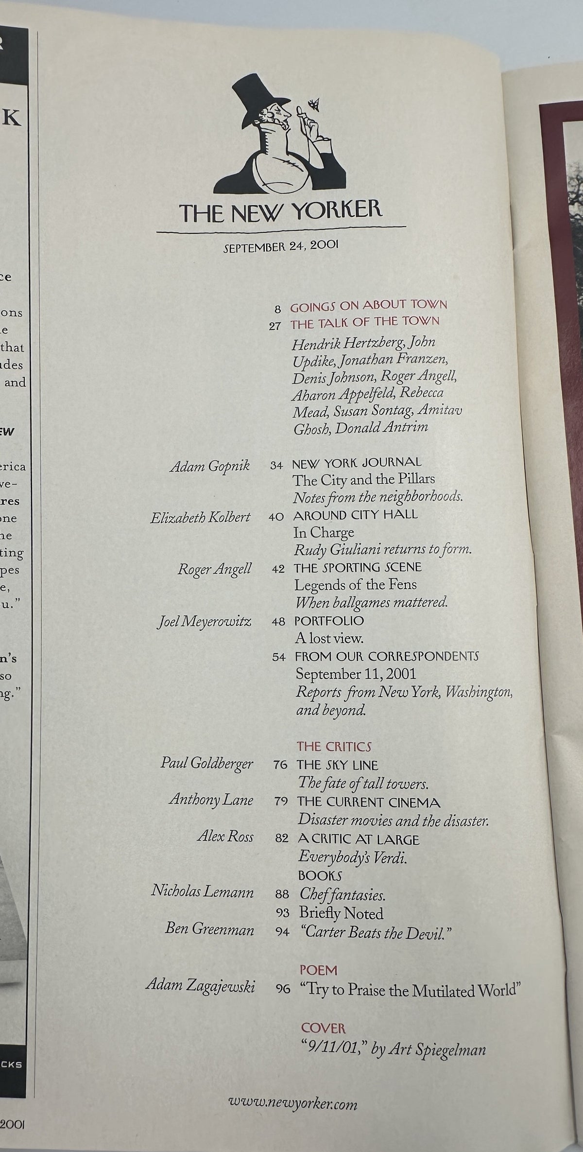 The New Yorker Magazine September 24, 2001 Black 9/11/01 Art Spiegelman Cover VG table of contents page featuring articles, critics, books, poem, and September 11, 2001 reports