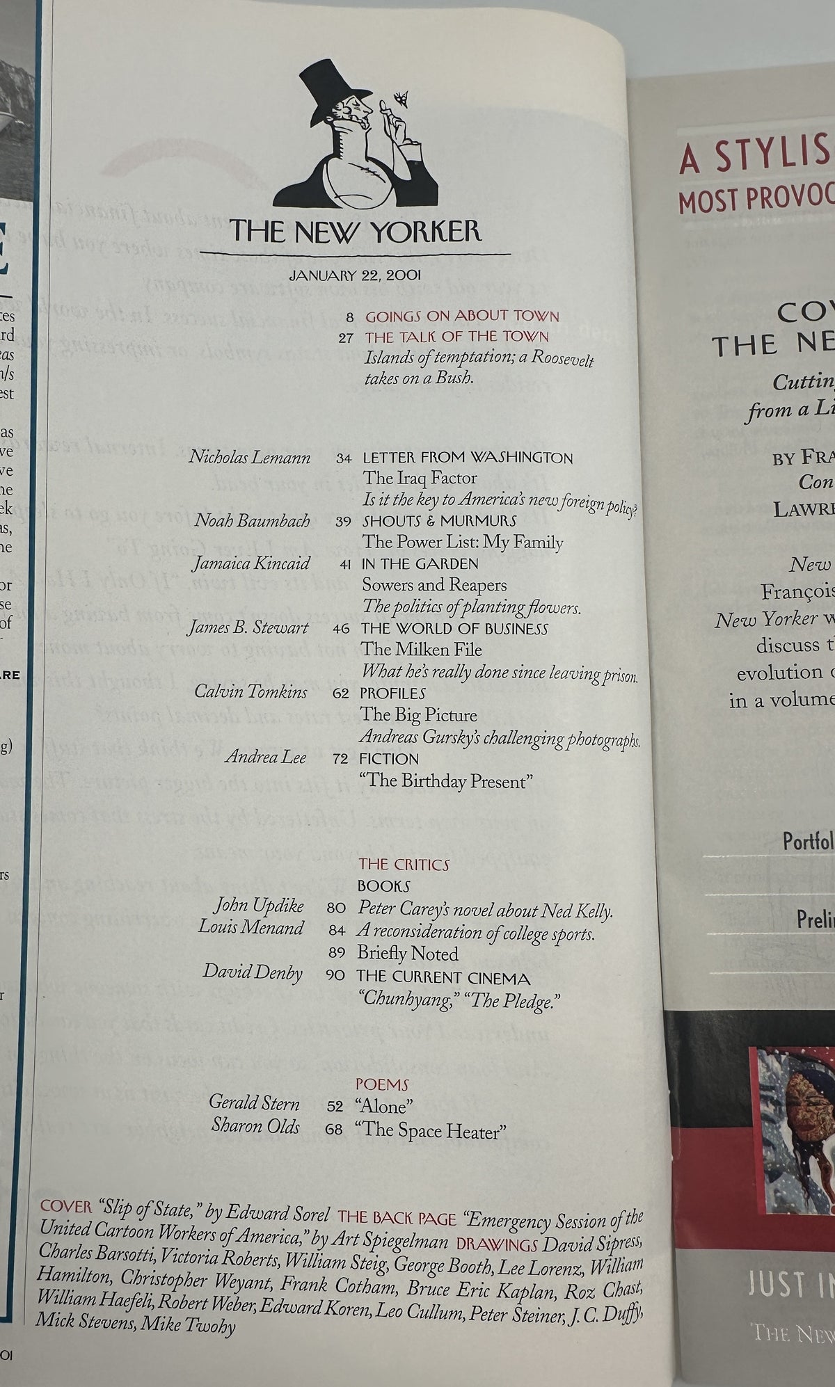 The New Yorker Magazine January 22, 2001 Bush Inauguration Slip of State Edward Sorel Cover VG, interior table of contents page showing articles, fiction, poetry, critics, cartoons, and cover credits.