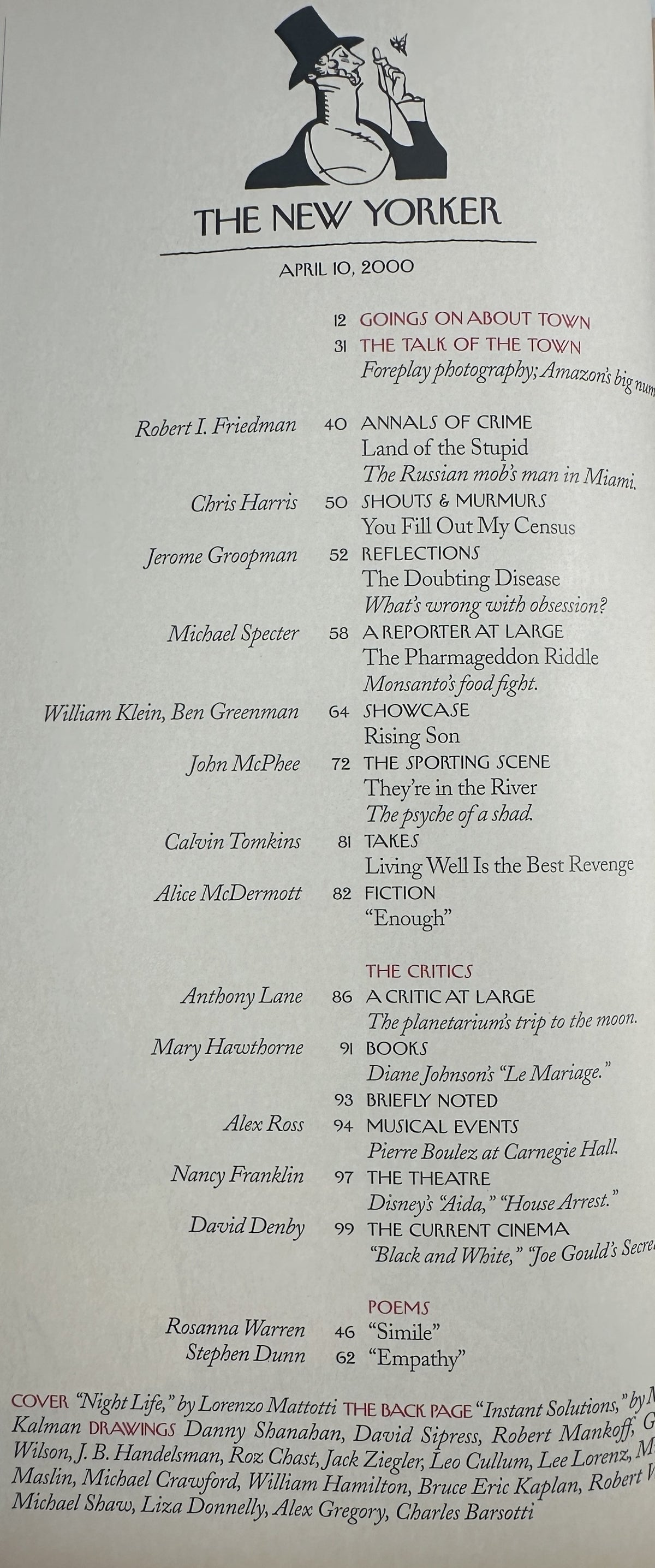 Table of contents page from The New Yorker Magazine April 10, 2000 Nightlife Bar Party Lorenzo Mattotti Cover VG, listing feature articles, poems, critics, drawings, and cover credits.